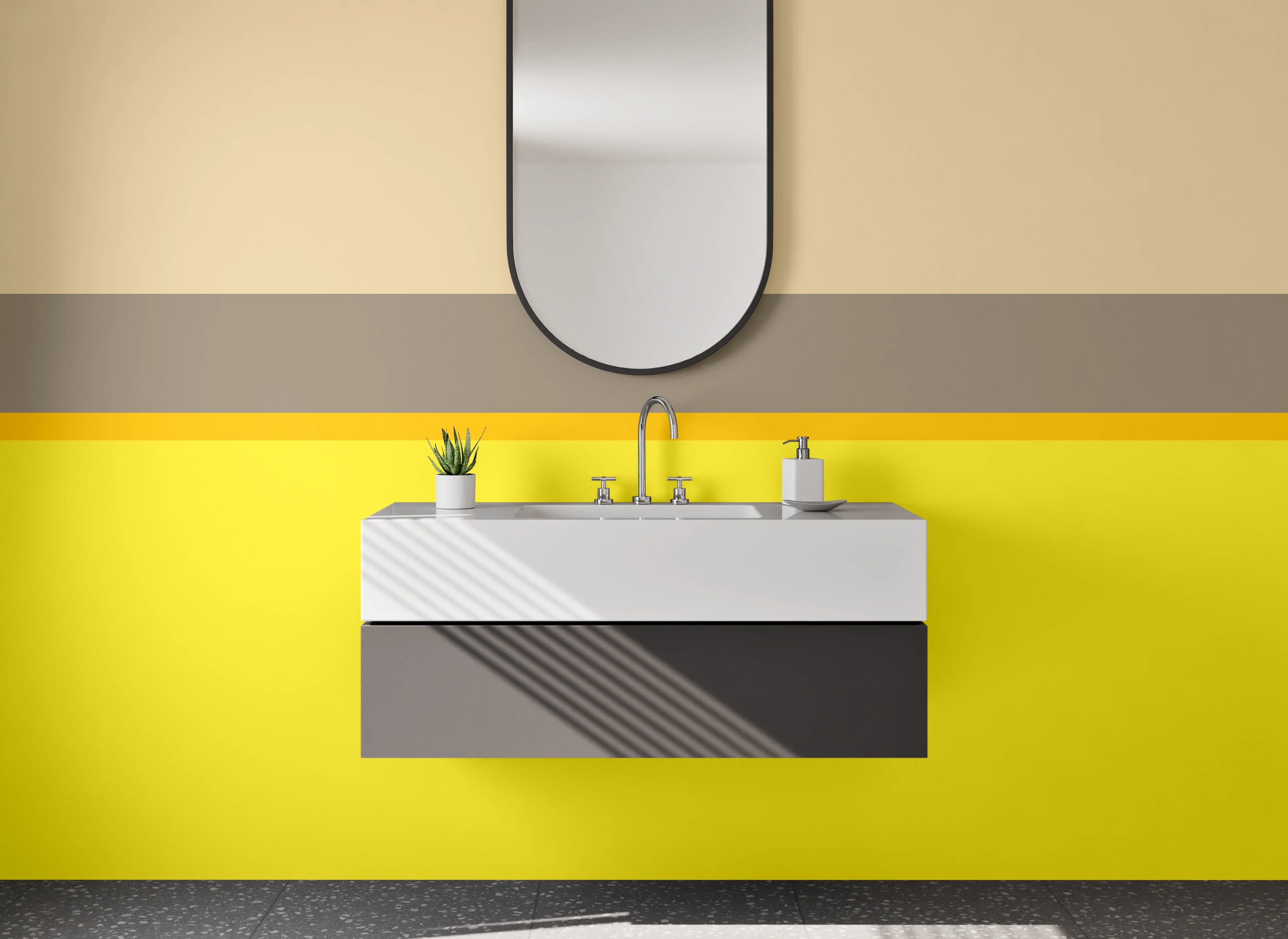 Waschbecken-Rückwand - Beige und Gelbe Farbkombination mit Grautönen