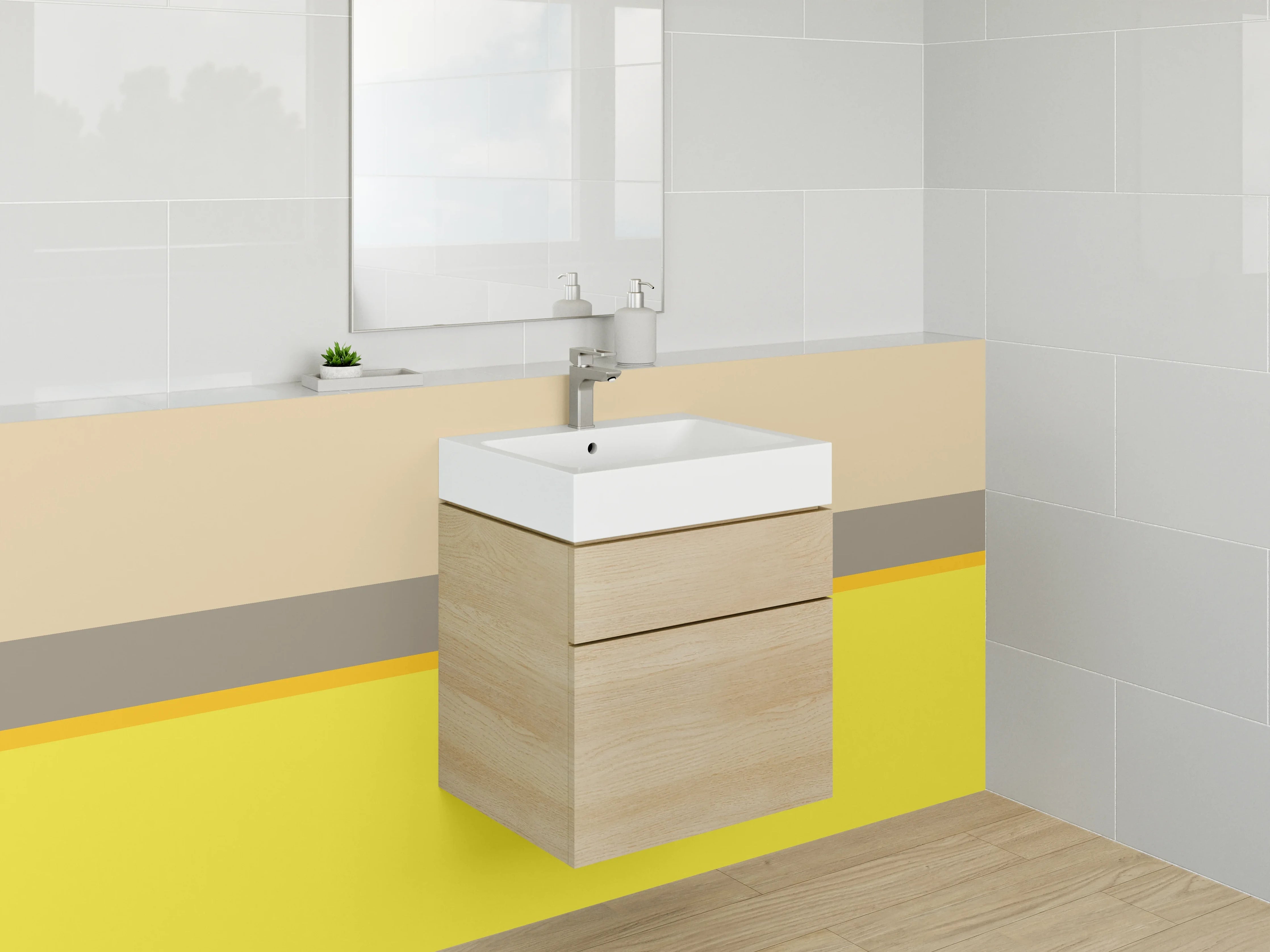 Waschbecken-Rückwand - Beige und Gelbe Farbkombination mit Grautönen