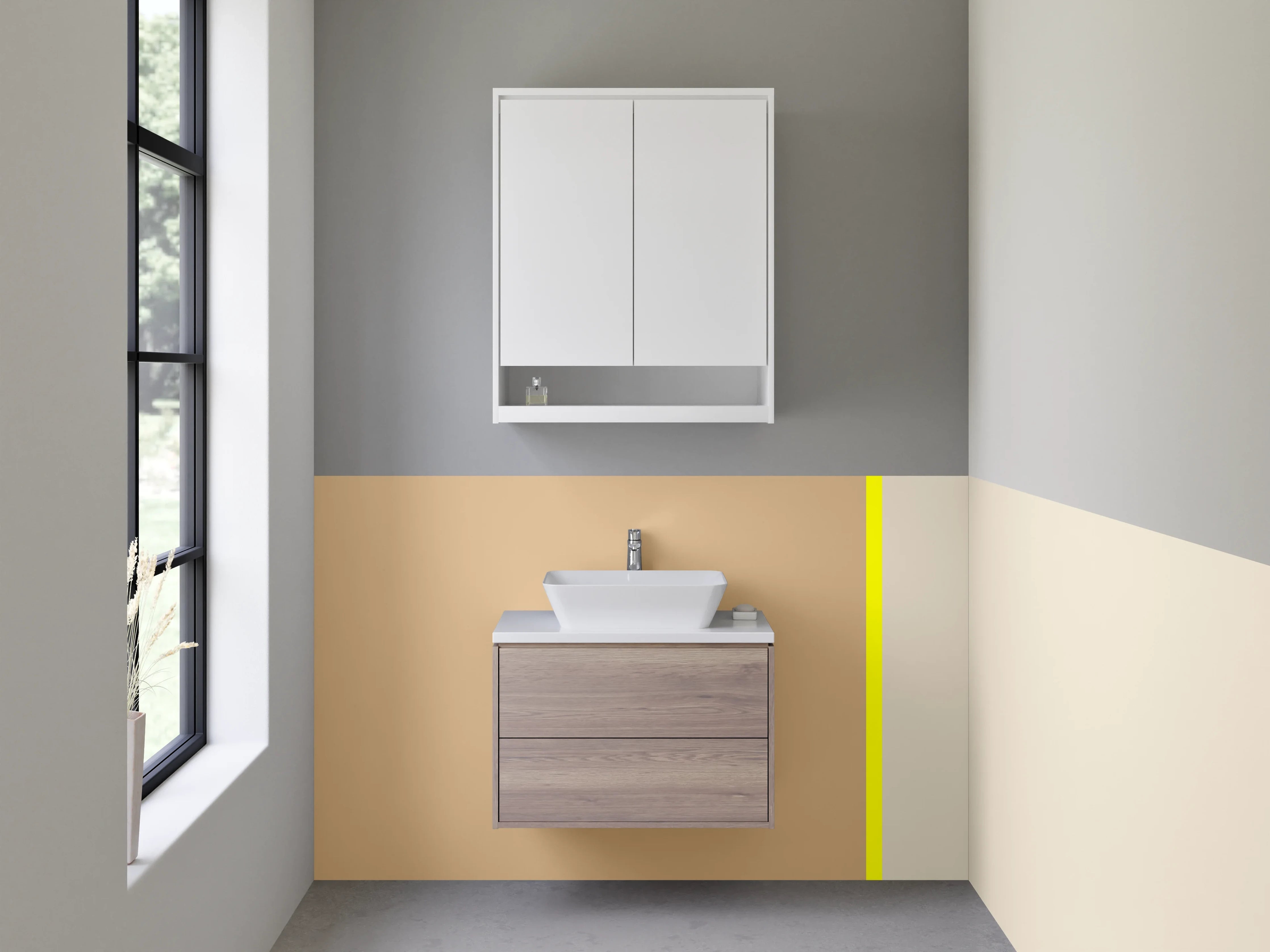 Waschbecken-Rückwand - Beige und Hellgraue Farbpalette mit gelber Trennlinie