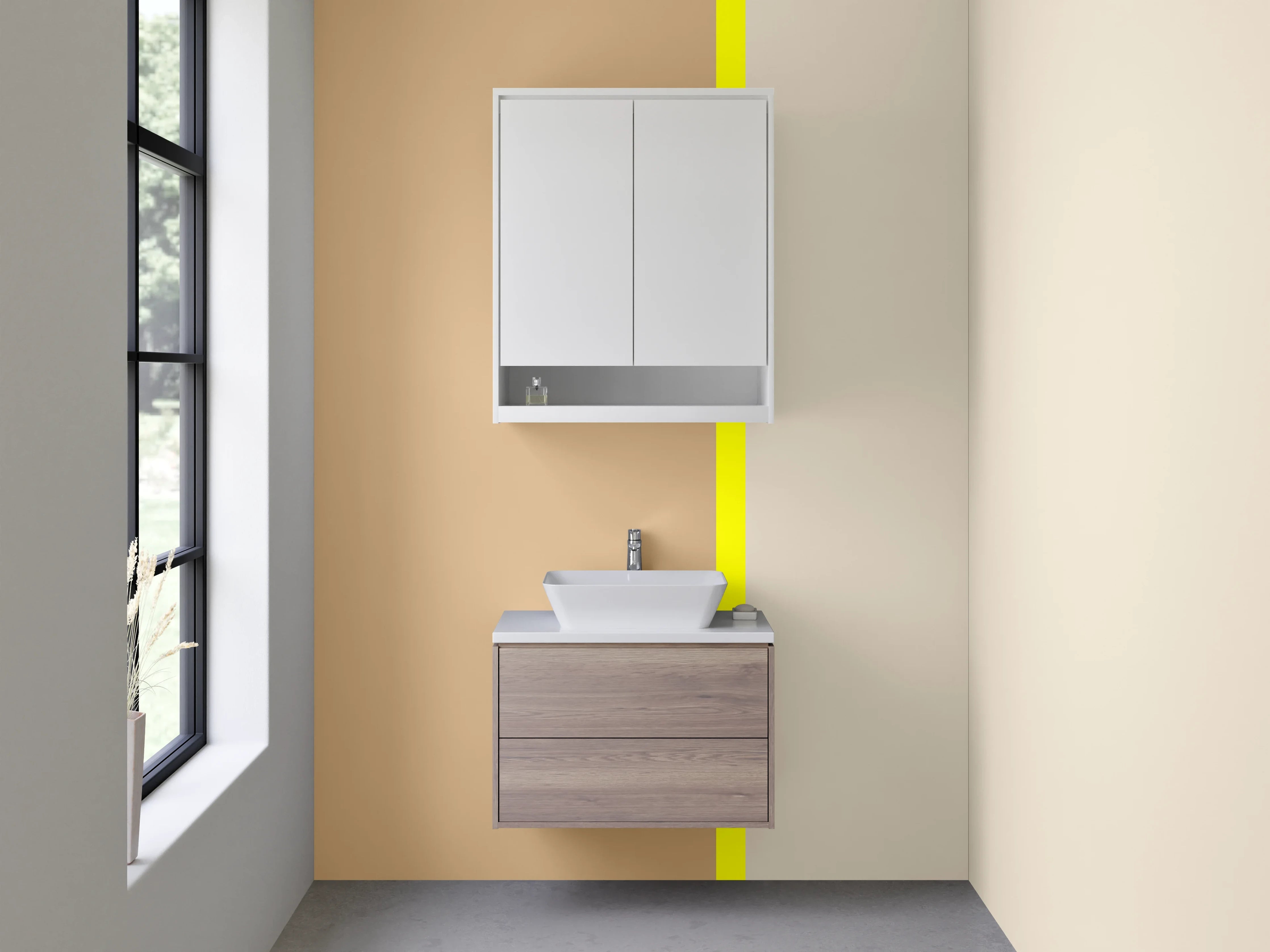 Waschbecken-Rückwand - Beige und Hellgraue Farbpalette mit gelber Trennlinie