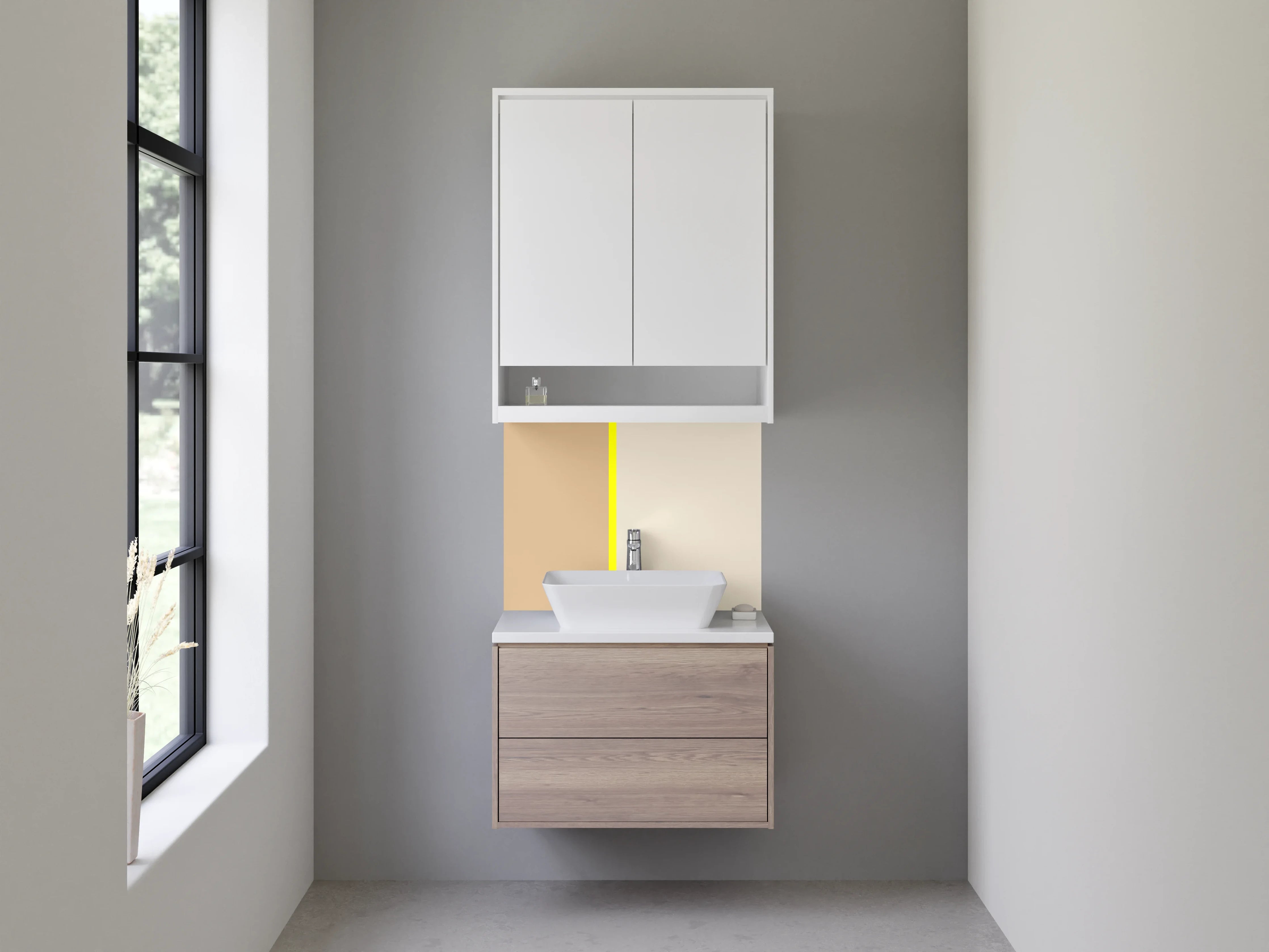 Waschbecken-Rückwand - Beige und Hellgraue Farbpalette mit gelber Trennlinie