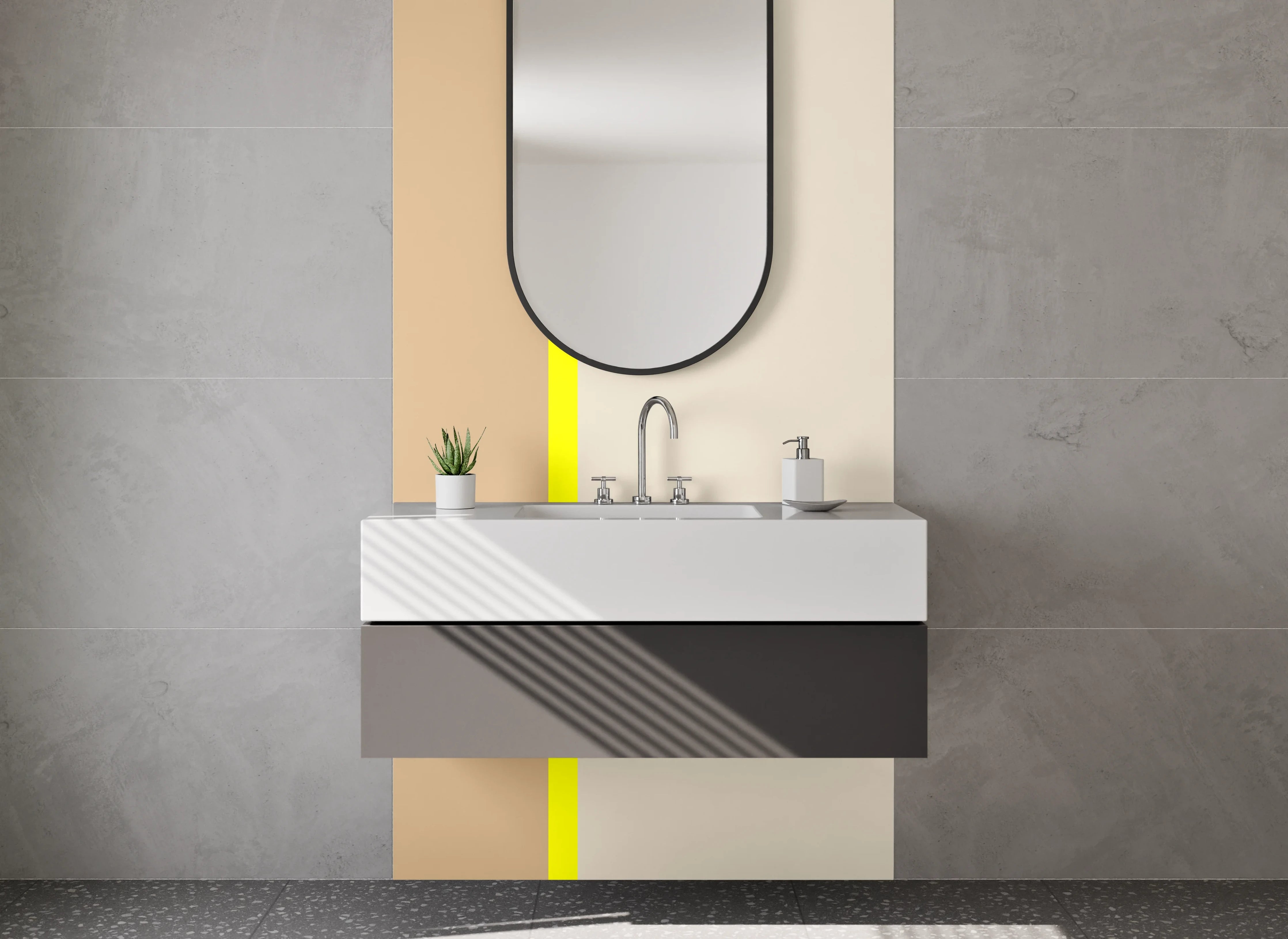 Waschbecken-Rückwand - Beige und Hellgraue Farbpalette mit gelber Trennlinie