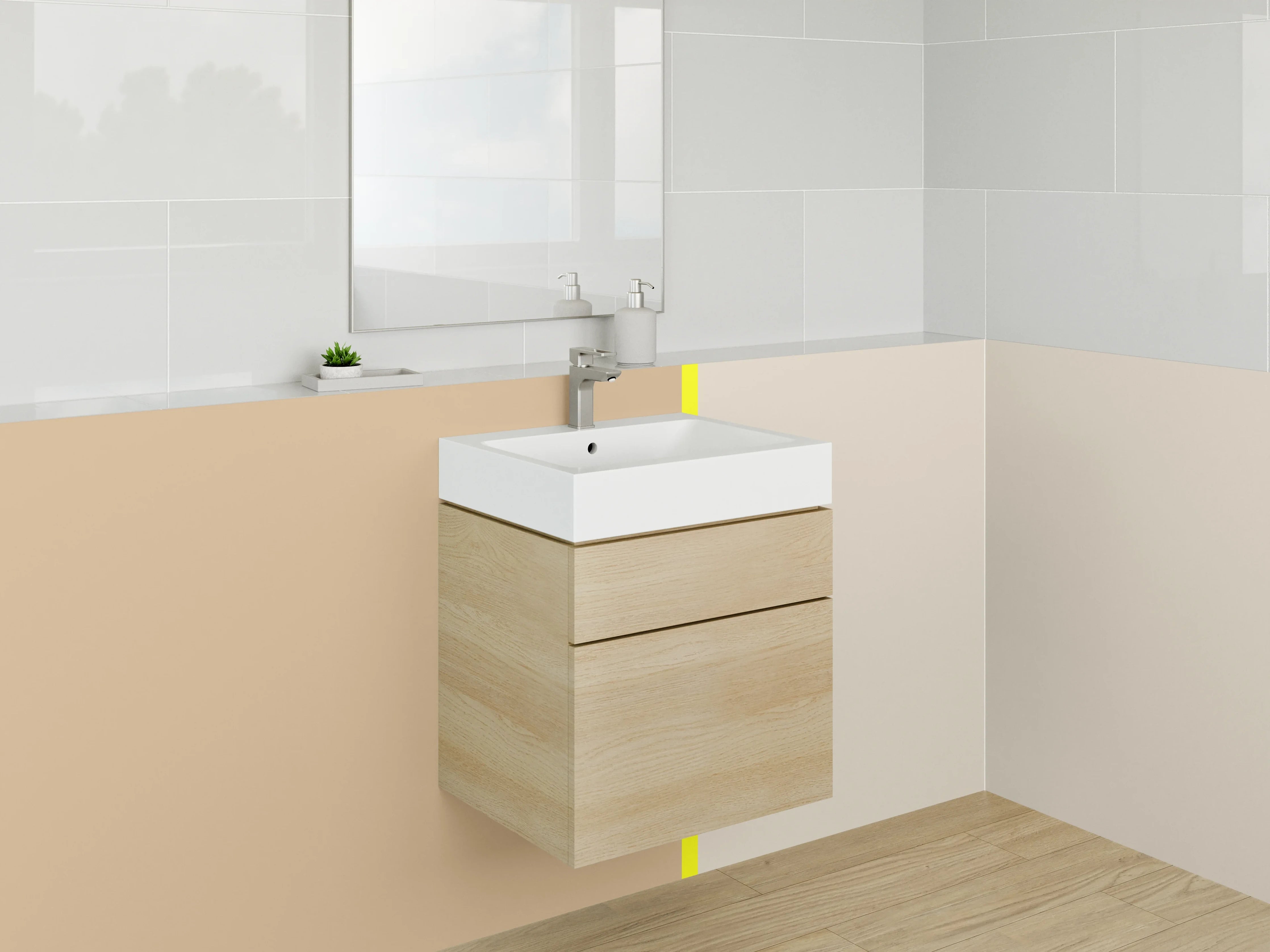 Waschbecken-Rückwand - Beige und Hellgraue Farbpalette mit gelber Trennlinie