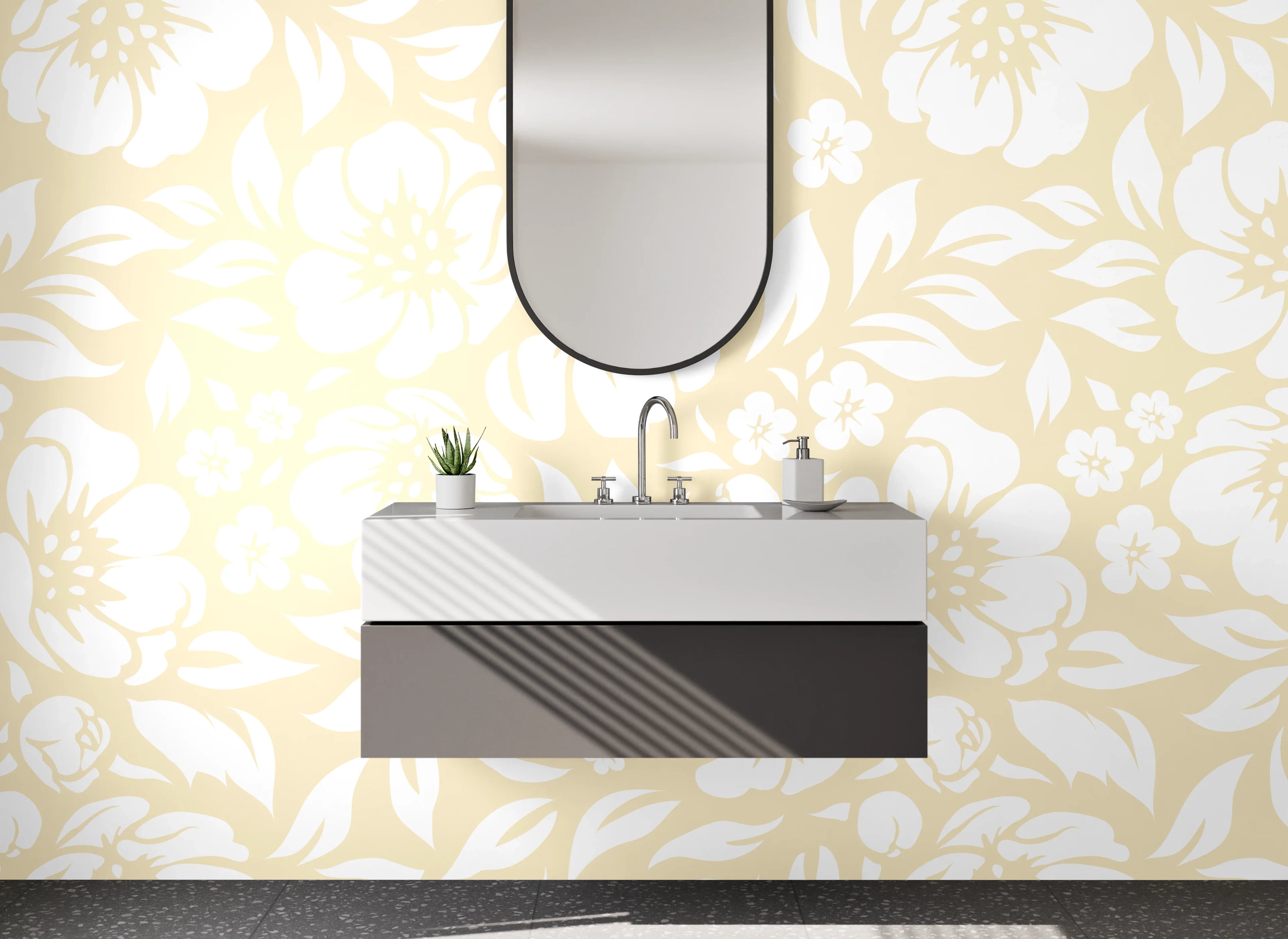 Waschbecken-Rückwand - Beige-weißes Floral-Muster