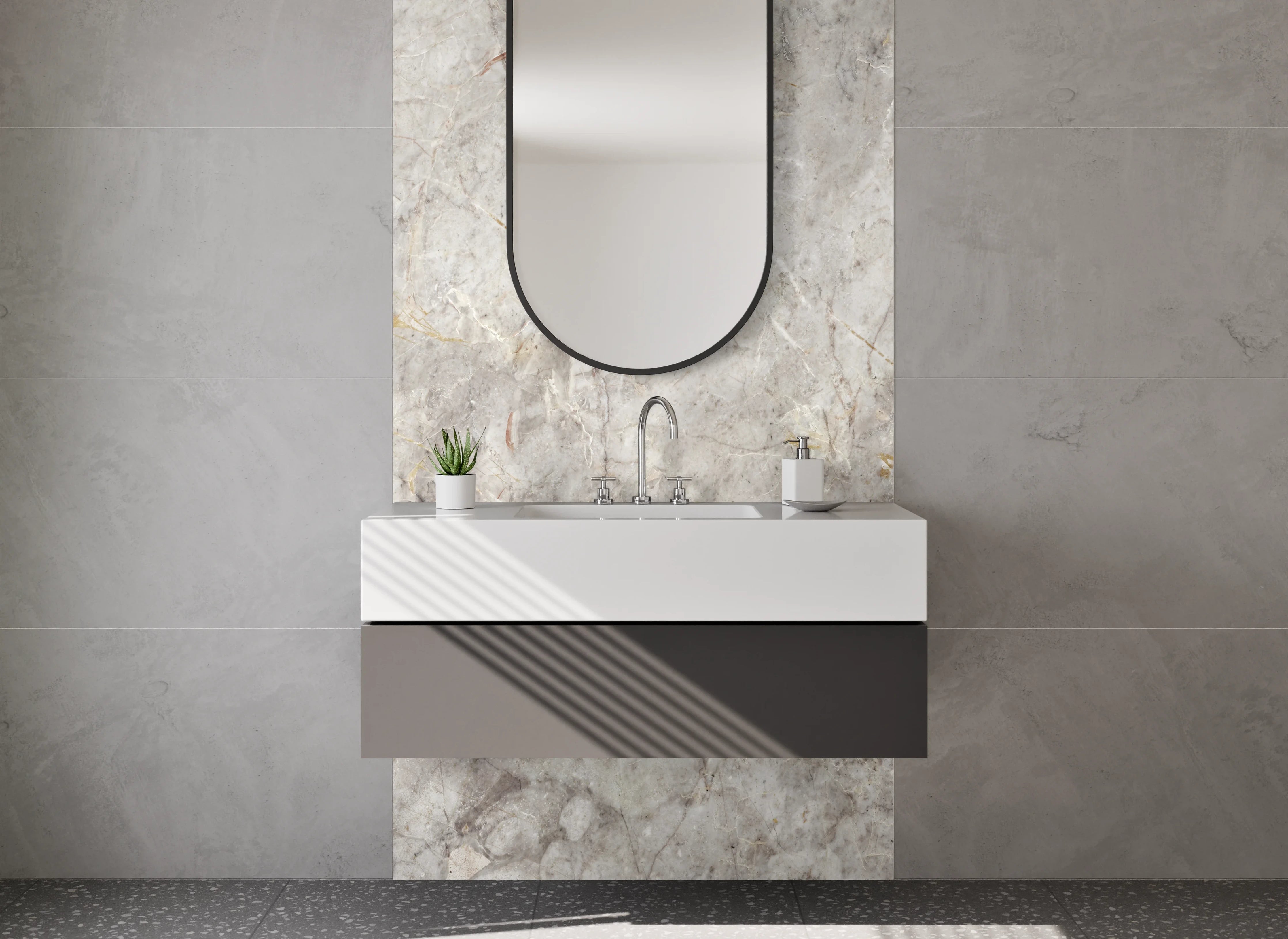 Waschbecken-Rückwand - Beiger Marmor-Textur mit grauer Struktur