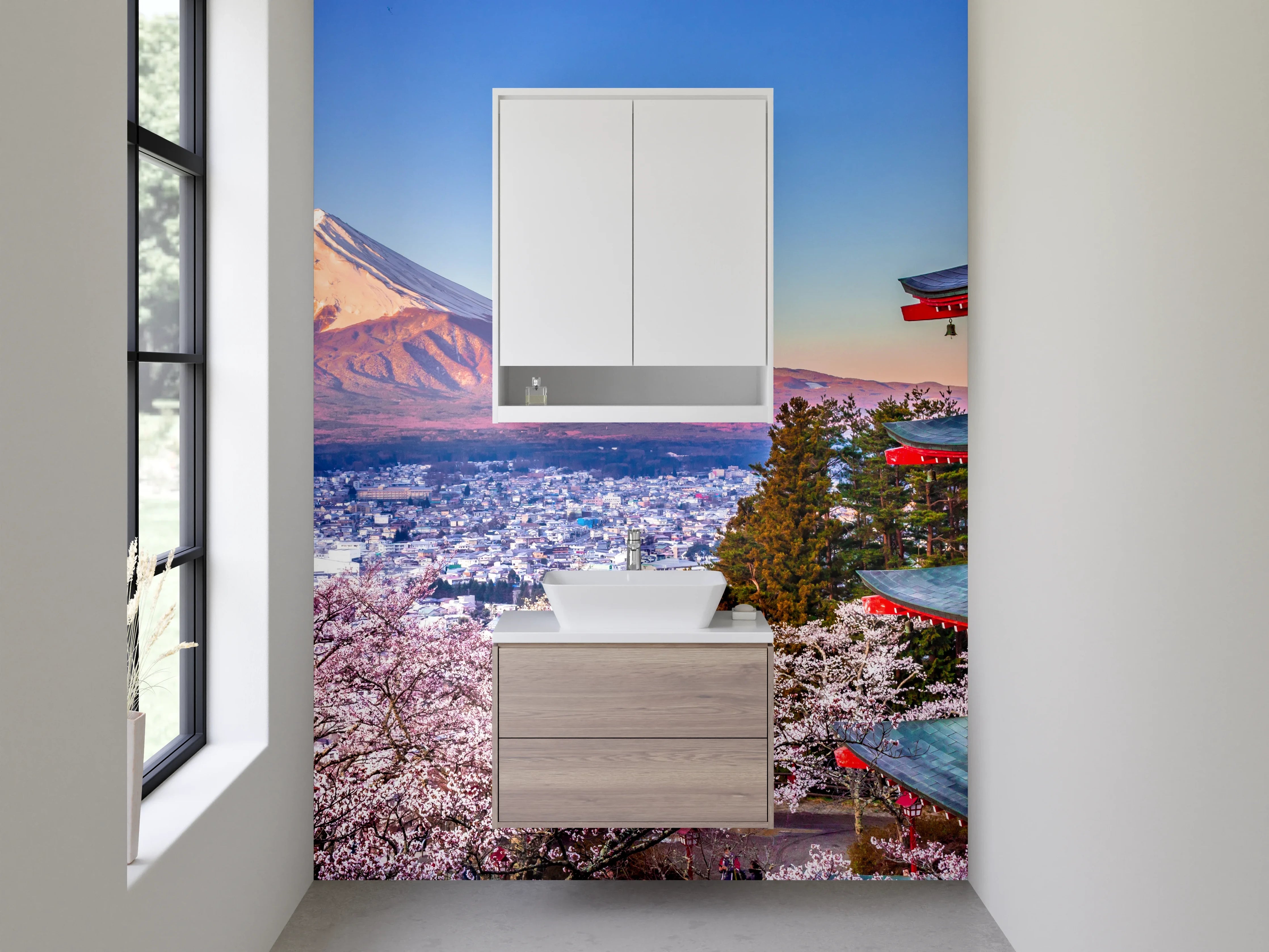 Waschbecken-Rückwand - Berg Fuji mit Tempel und Kirschblüten