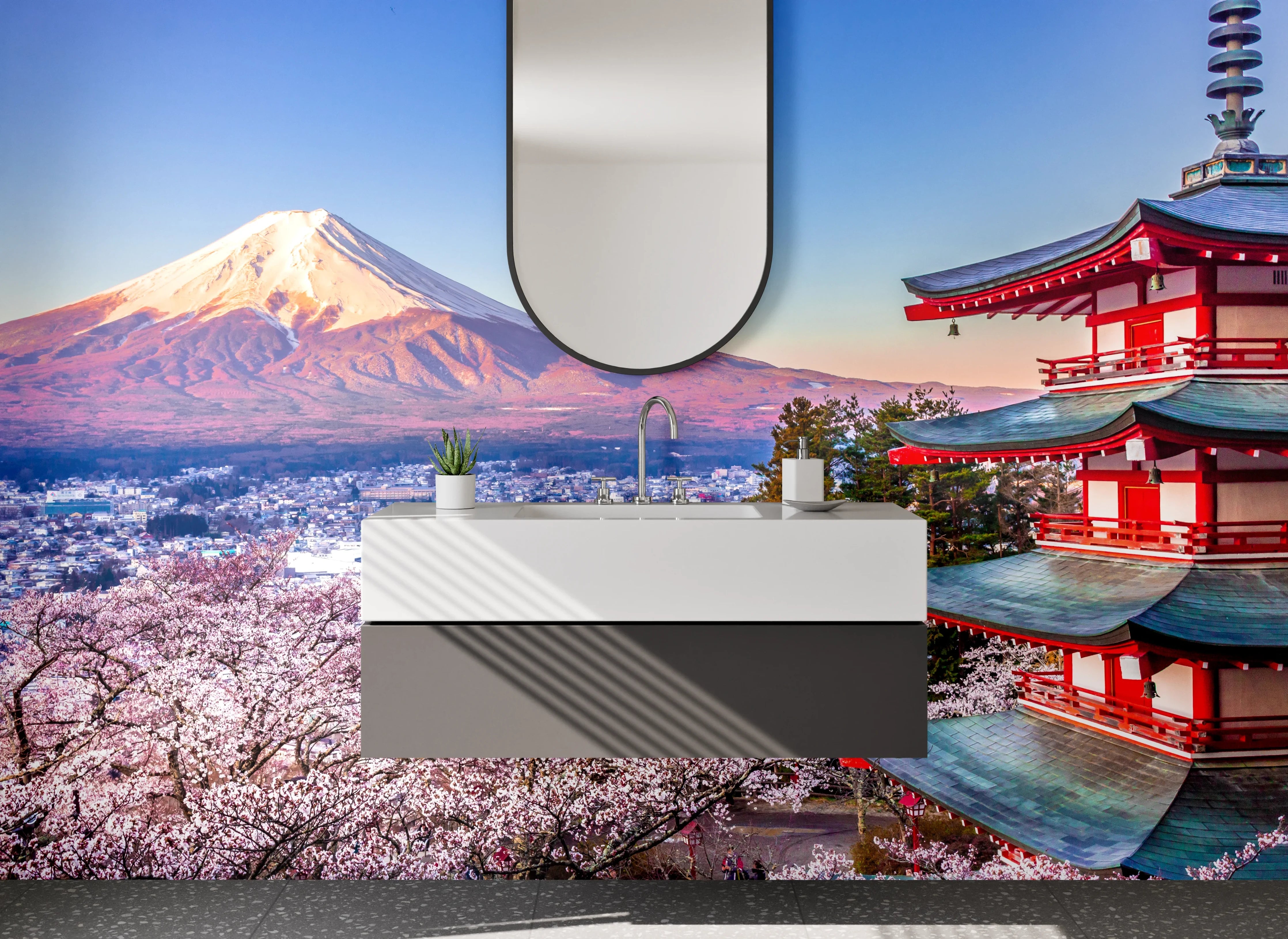 Waschbecken-Rückwand - Berg Fuji mit Tempel und Kirschblüten