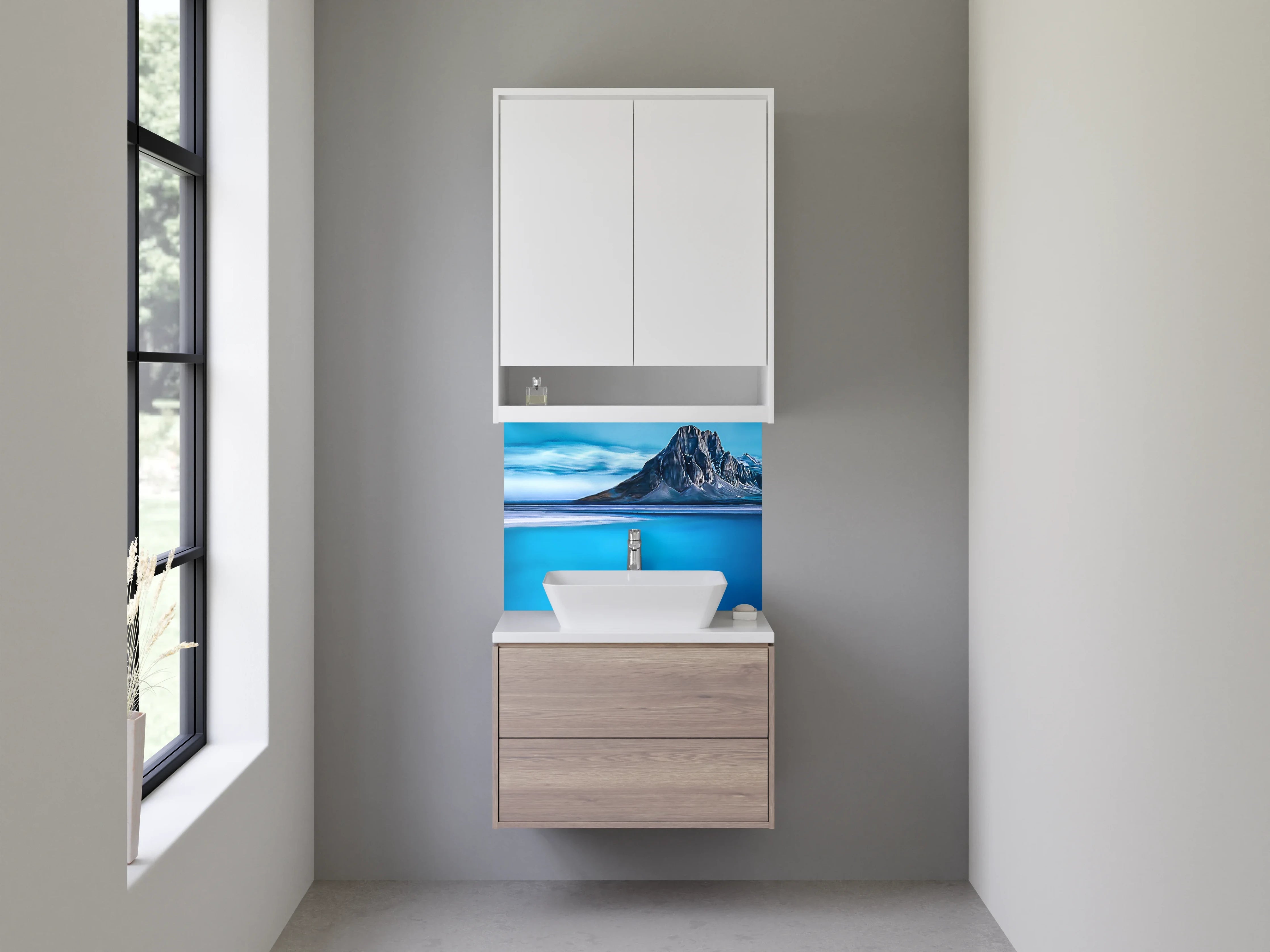 Waschbecken-Rückwand - Berg im Meeresblick