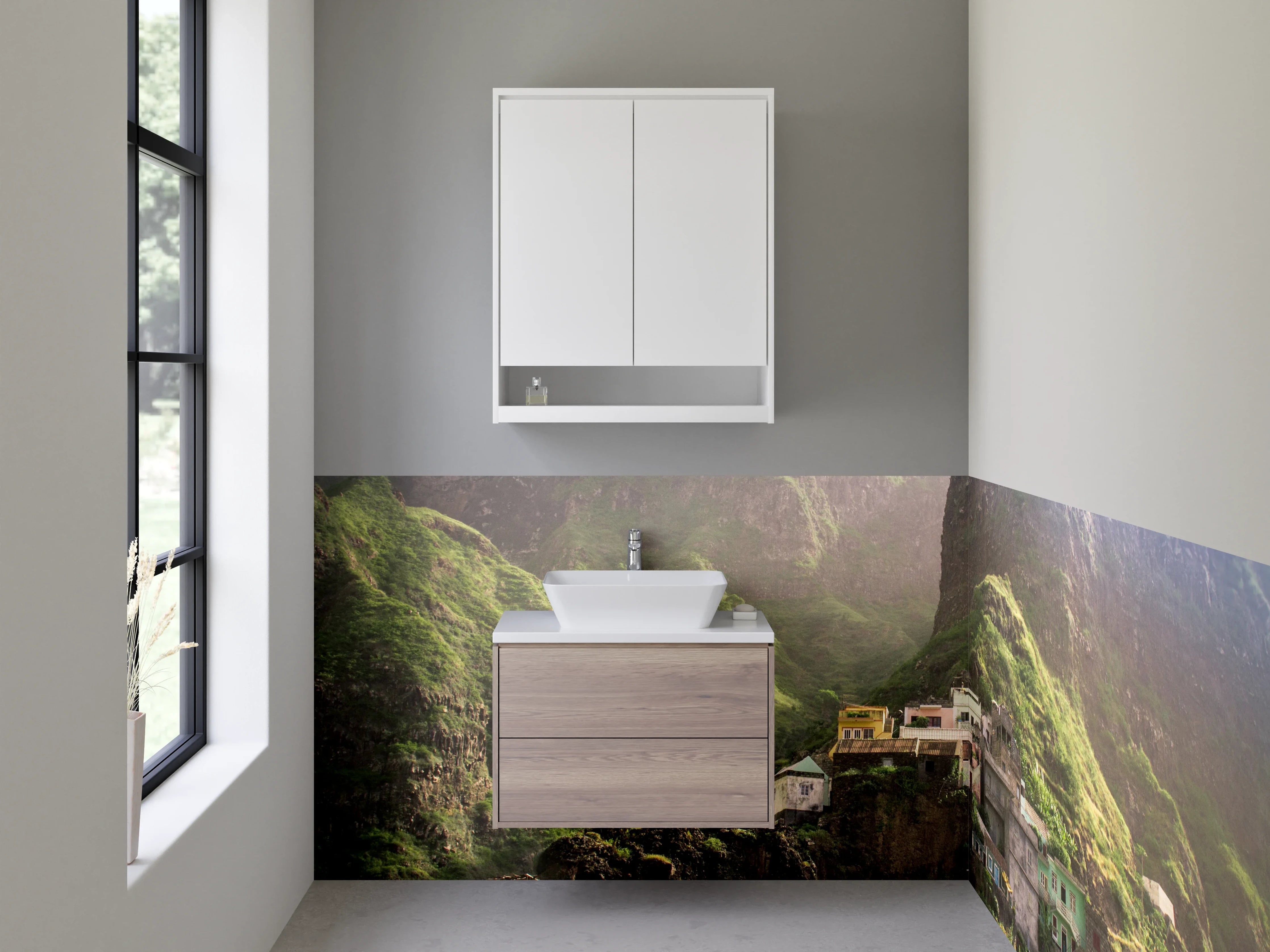 Waschbecken-Rückwand - Bergdorf in grüner Landschaft