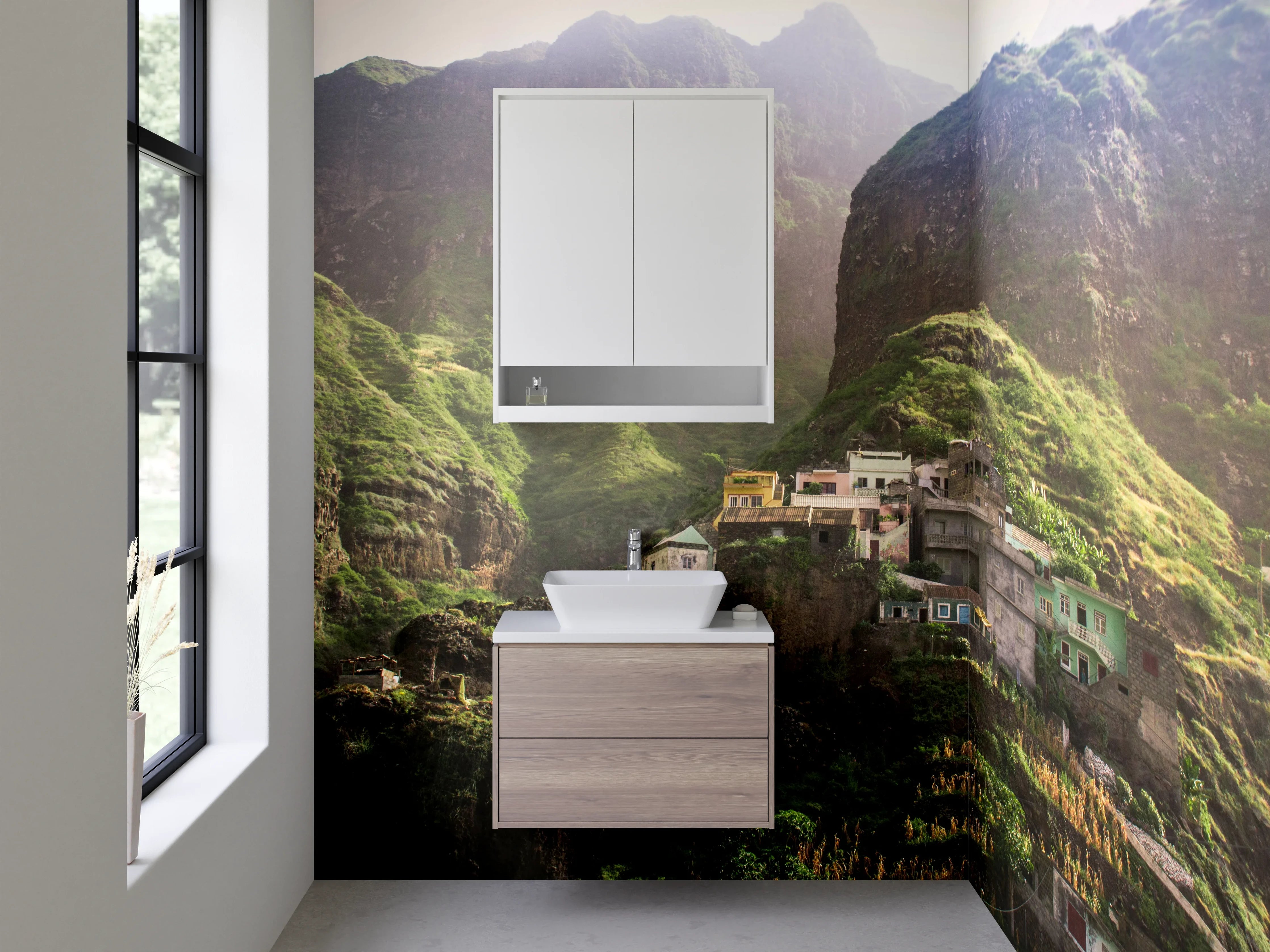 Waschbecken-Rückwand - Bergdorf in grüner Landschaft