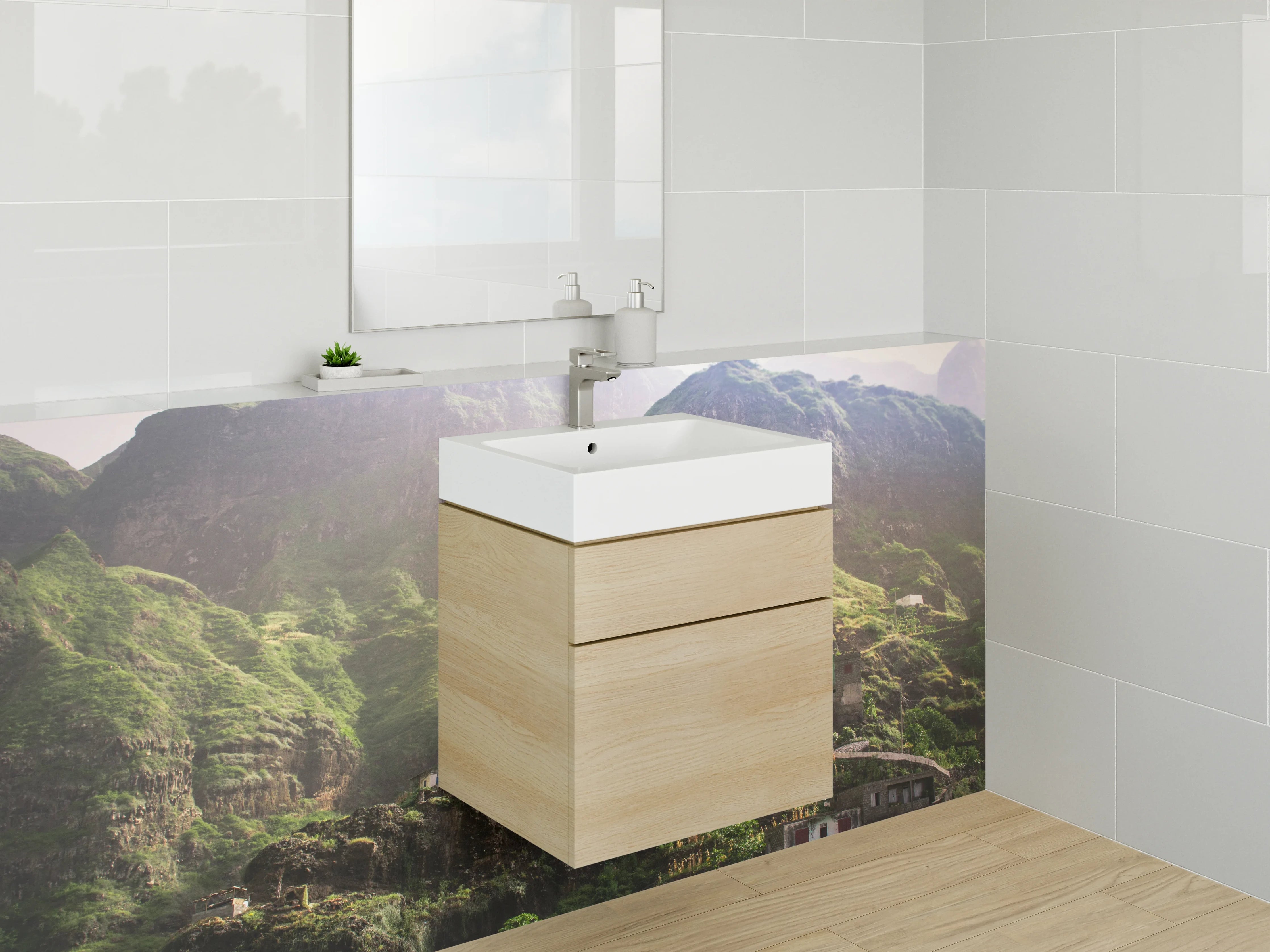 Waschbecken-Rückwand - Bergdorf in grüner Landschaft