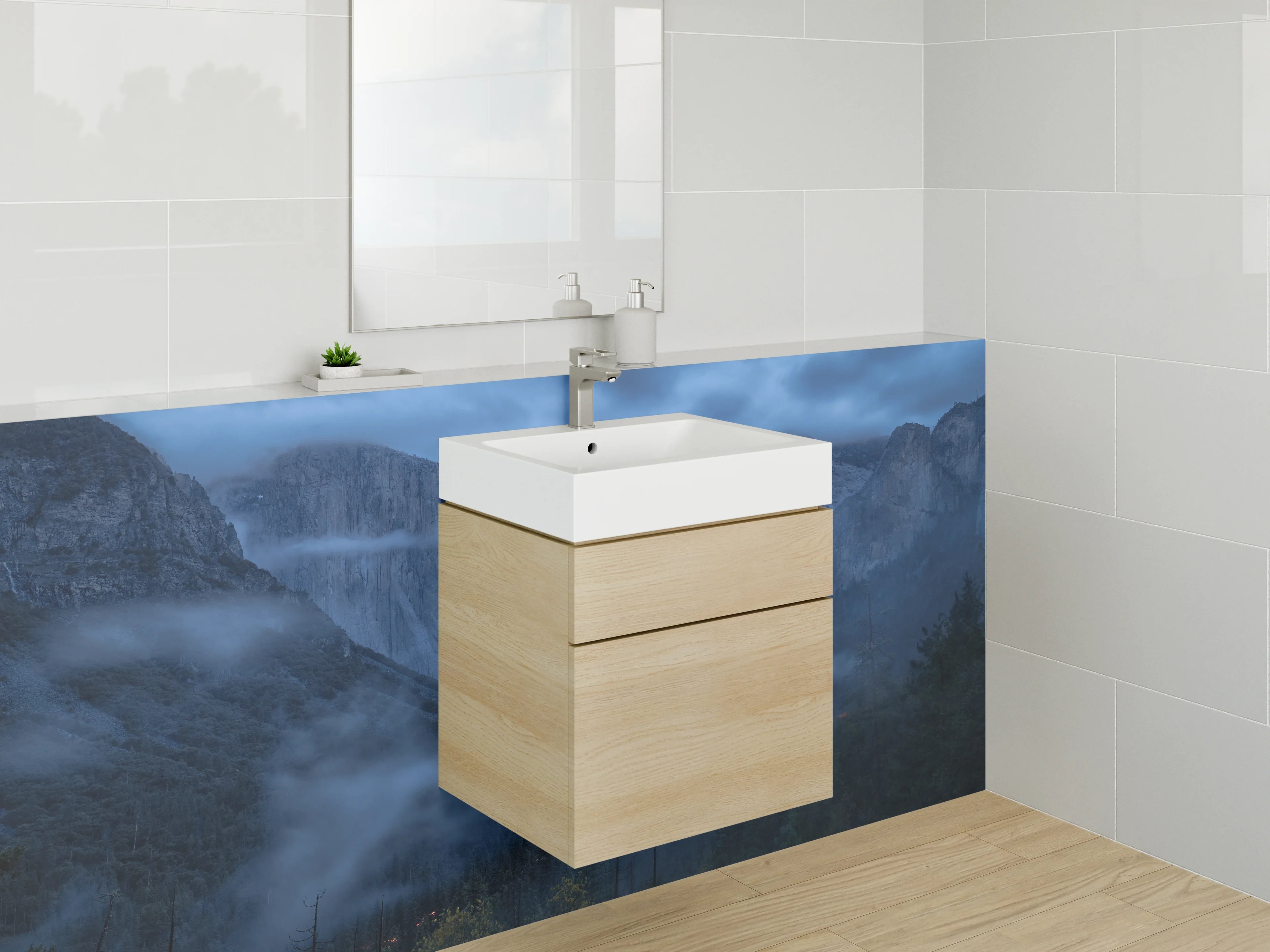 Waschbecken-Rückwand - Berge im Nebel bei Dämmerung