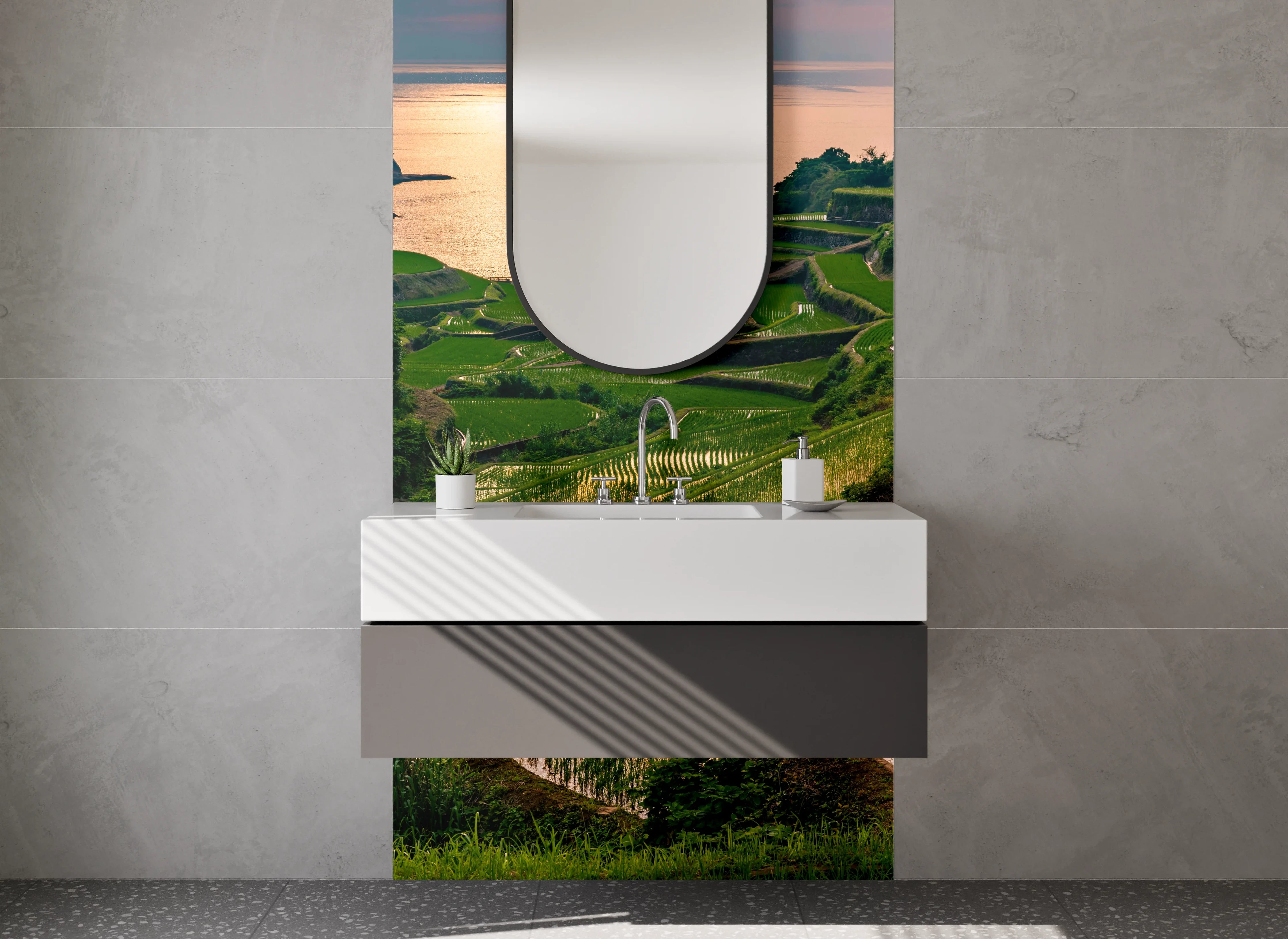 Waschbecken-Rückwand - Berglandscape mit Terrassen und Sonnenuntergang