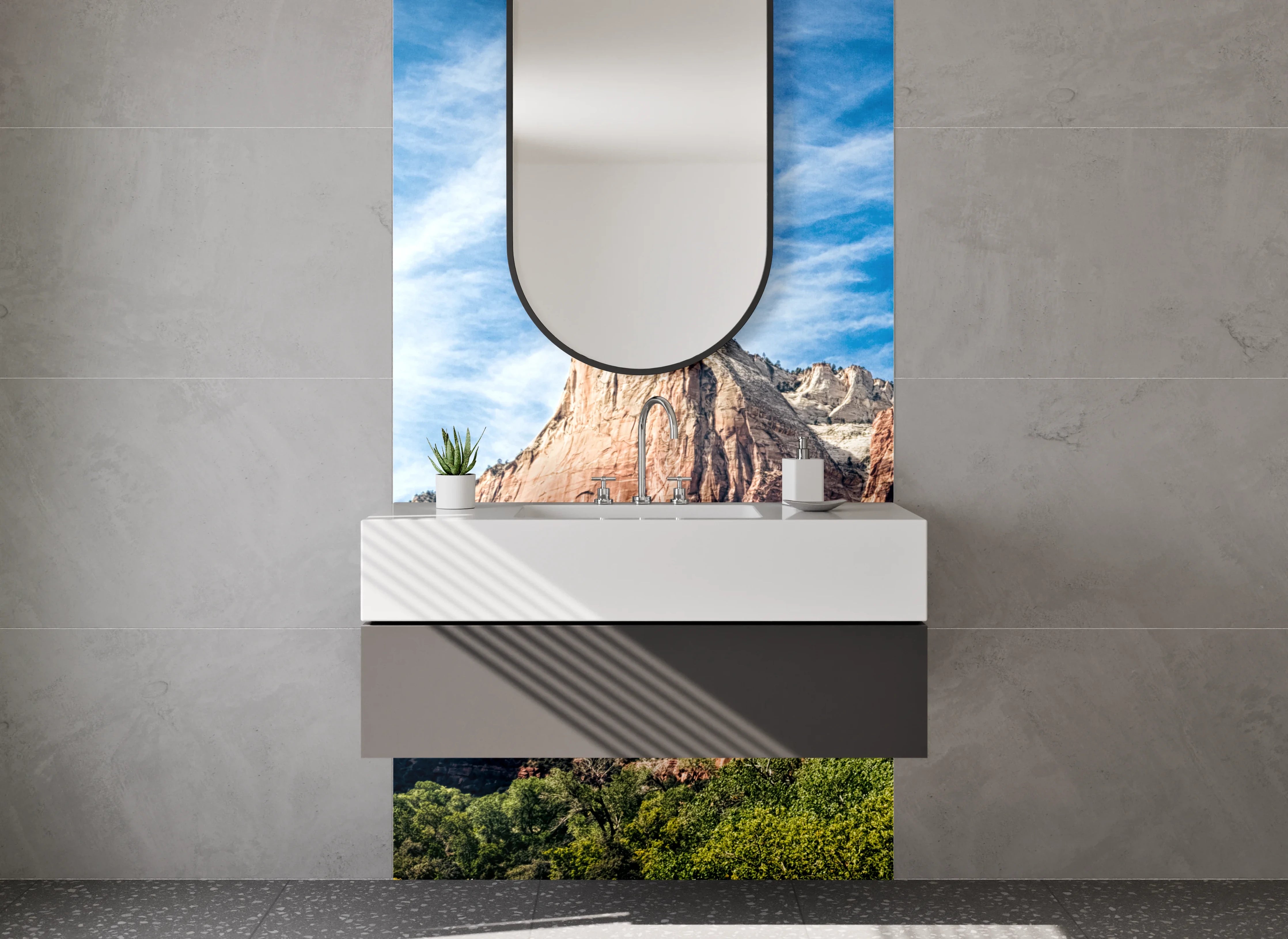 Waschbecken-Rückwand - Berglandschaft bei Sonnenschein