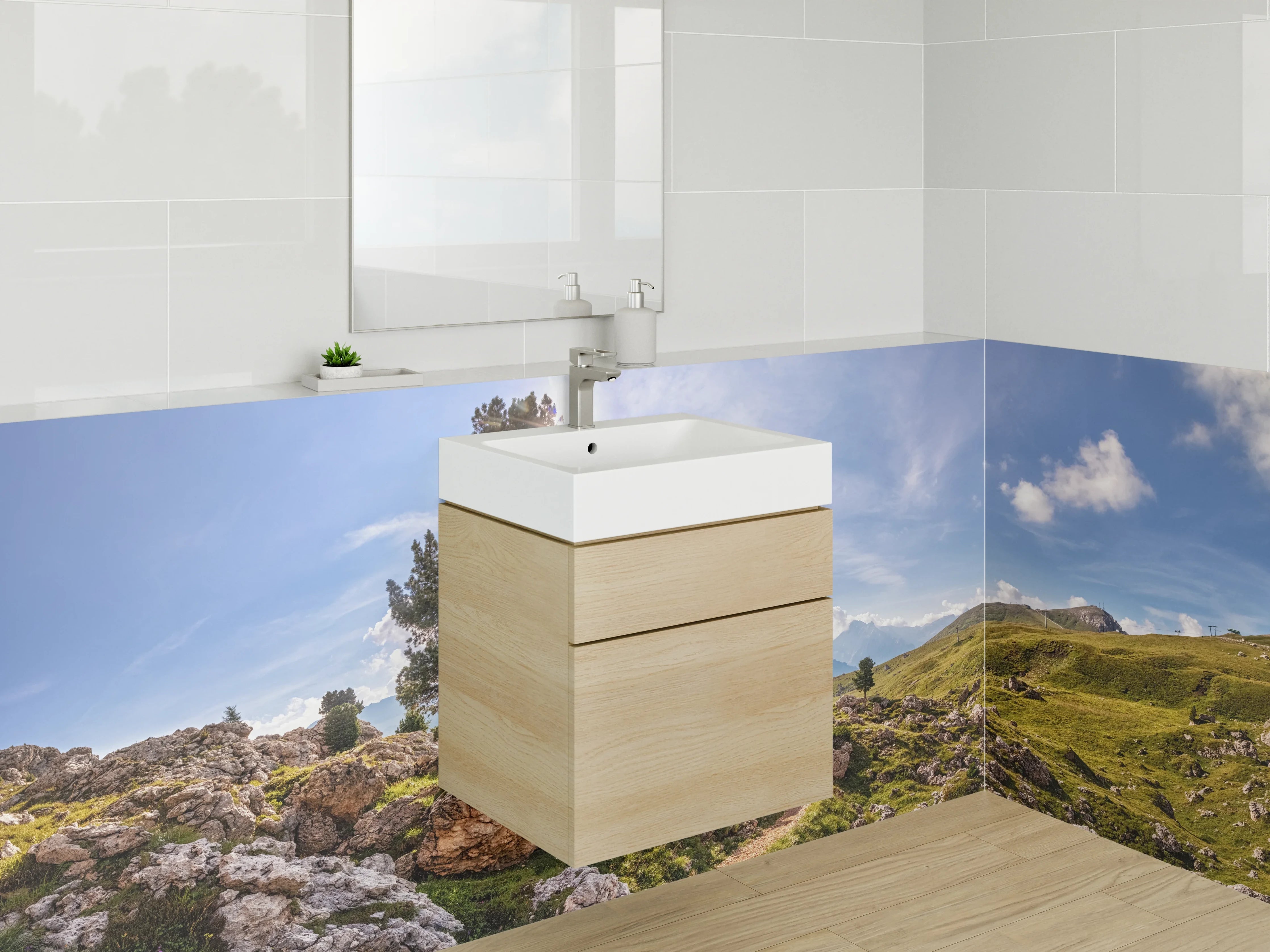 Waschbecken-Rückwand - Berglandschaft mit Baum und Sonnenstrahlen