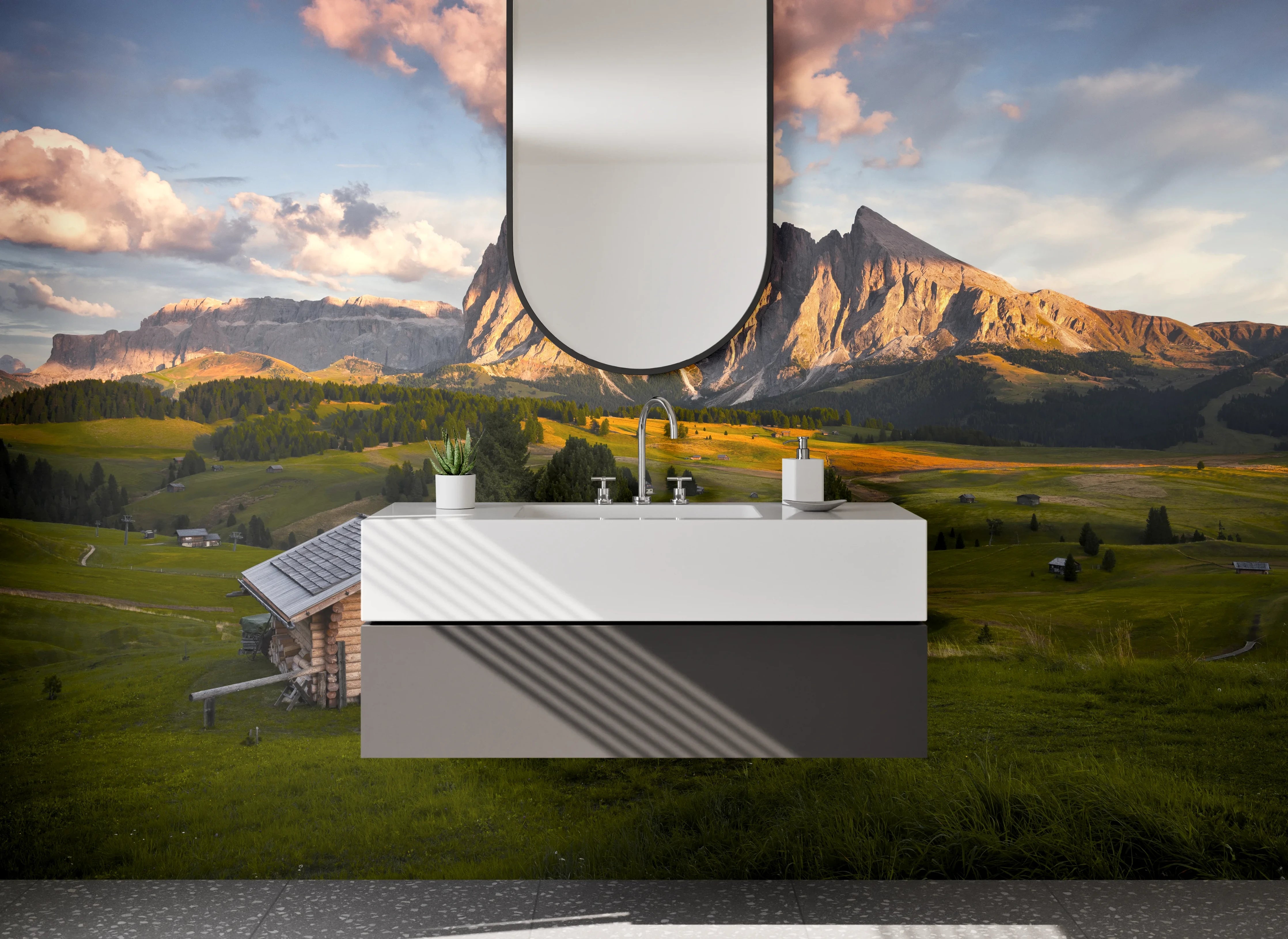 Waschbecken-Rückwand - Berglandschaft mit Holzchalets