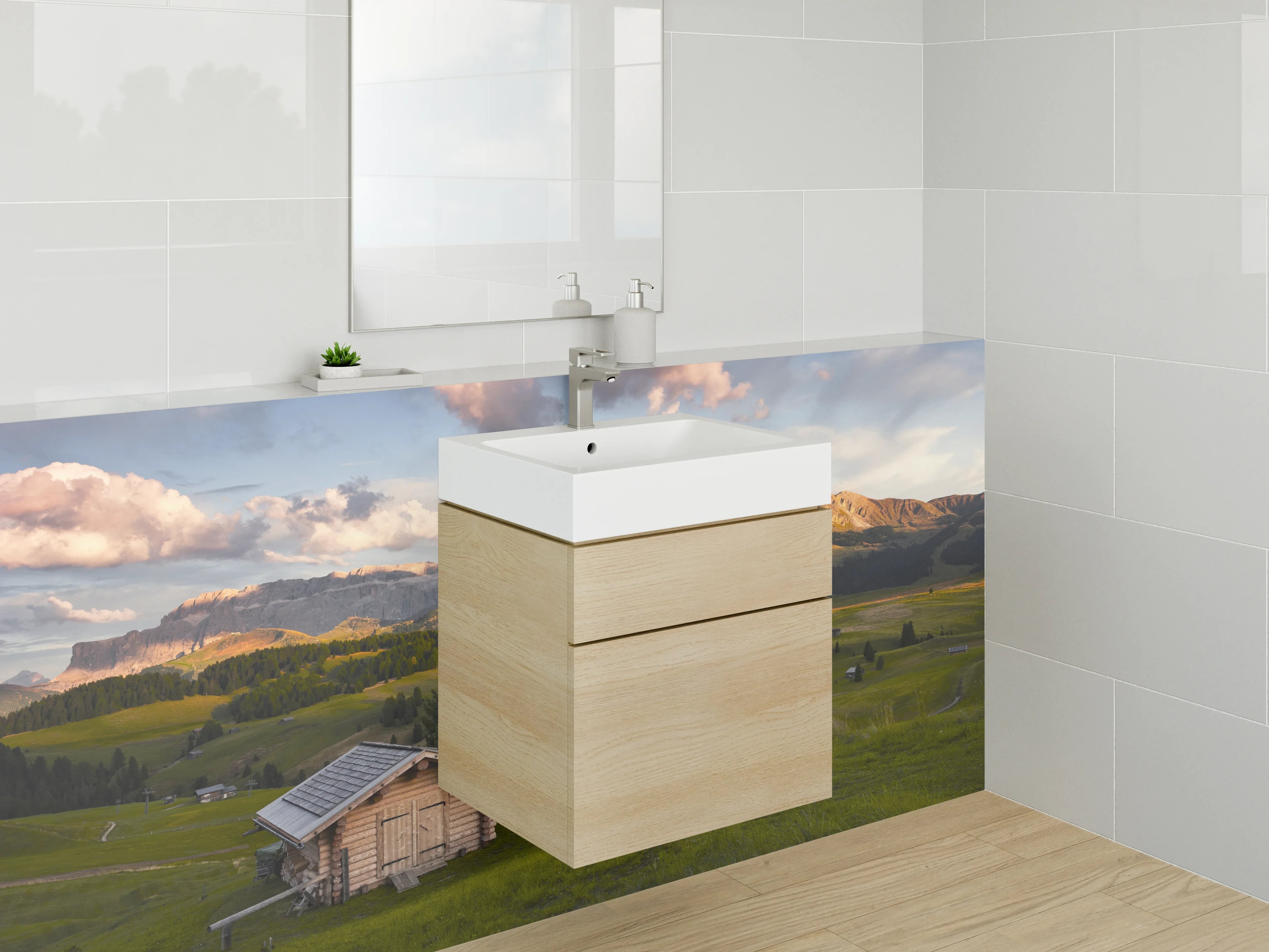 Waschbecken-Rückwand - Berglandschaft mit Holzchalets