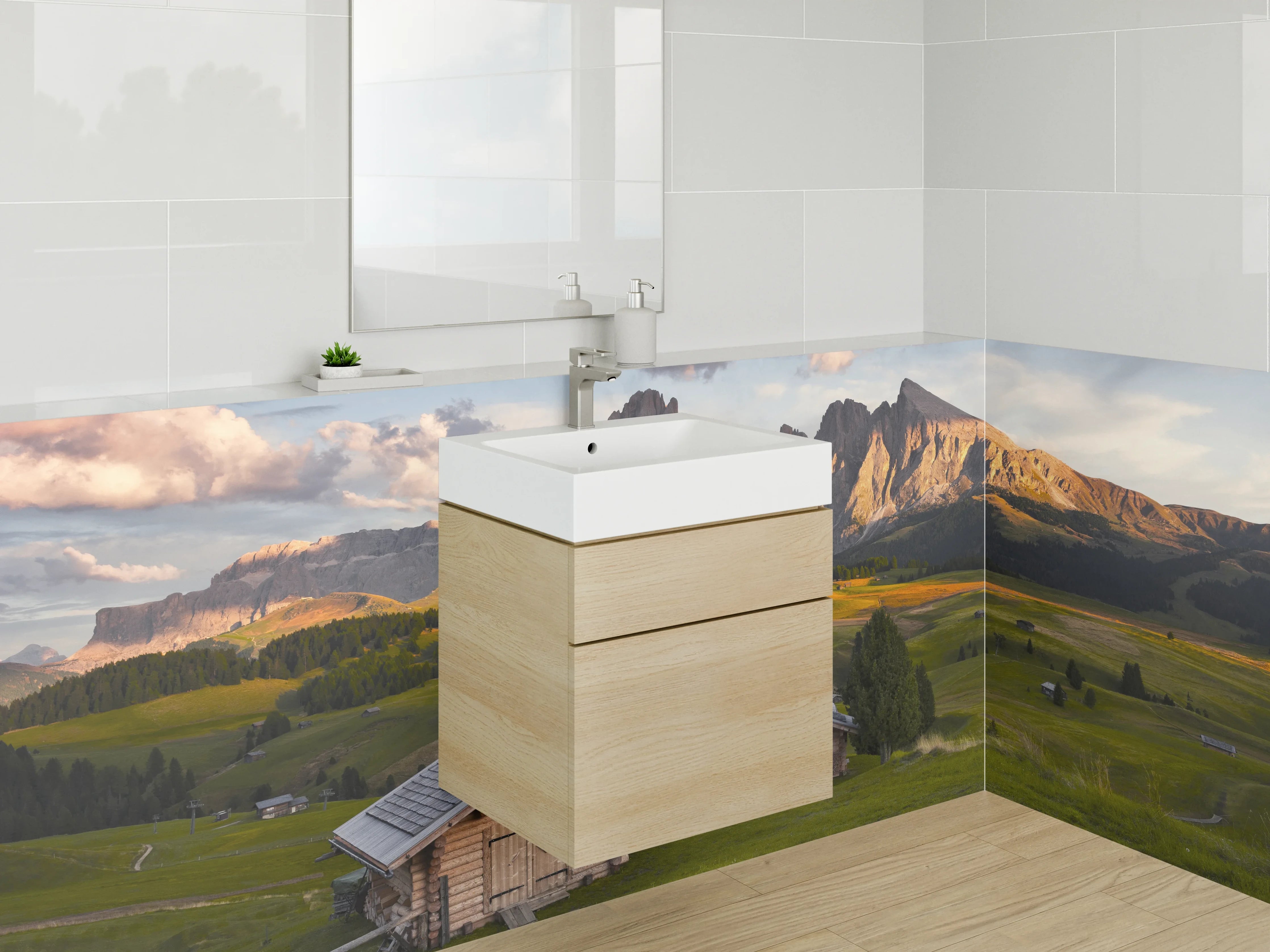 Waschbecken-Rückwand - Berglandschaft mit Holzchalets