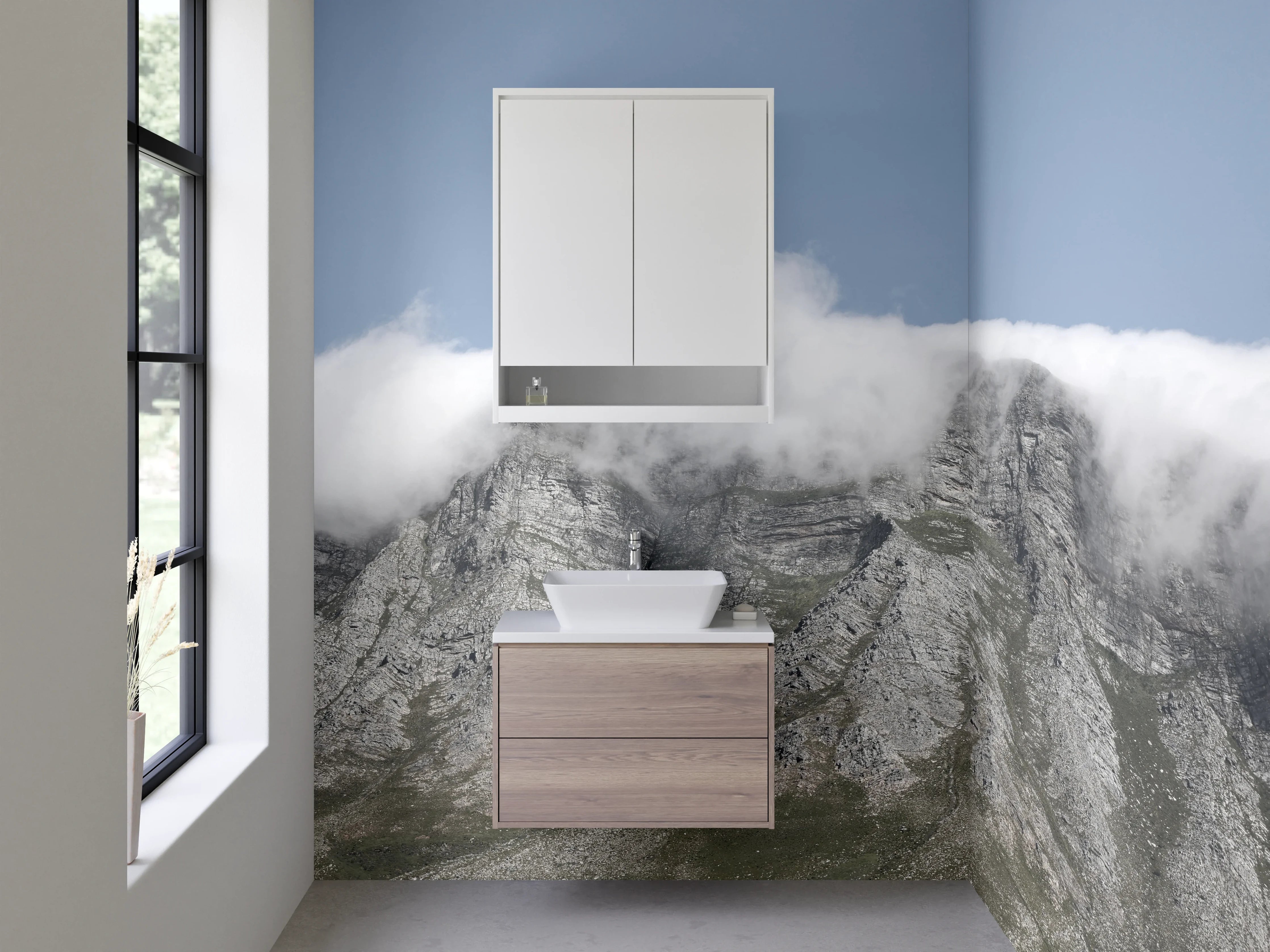 Waschbecken-Rückwand - Berglandschaft mit Wolkendecke