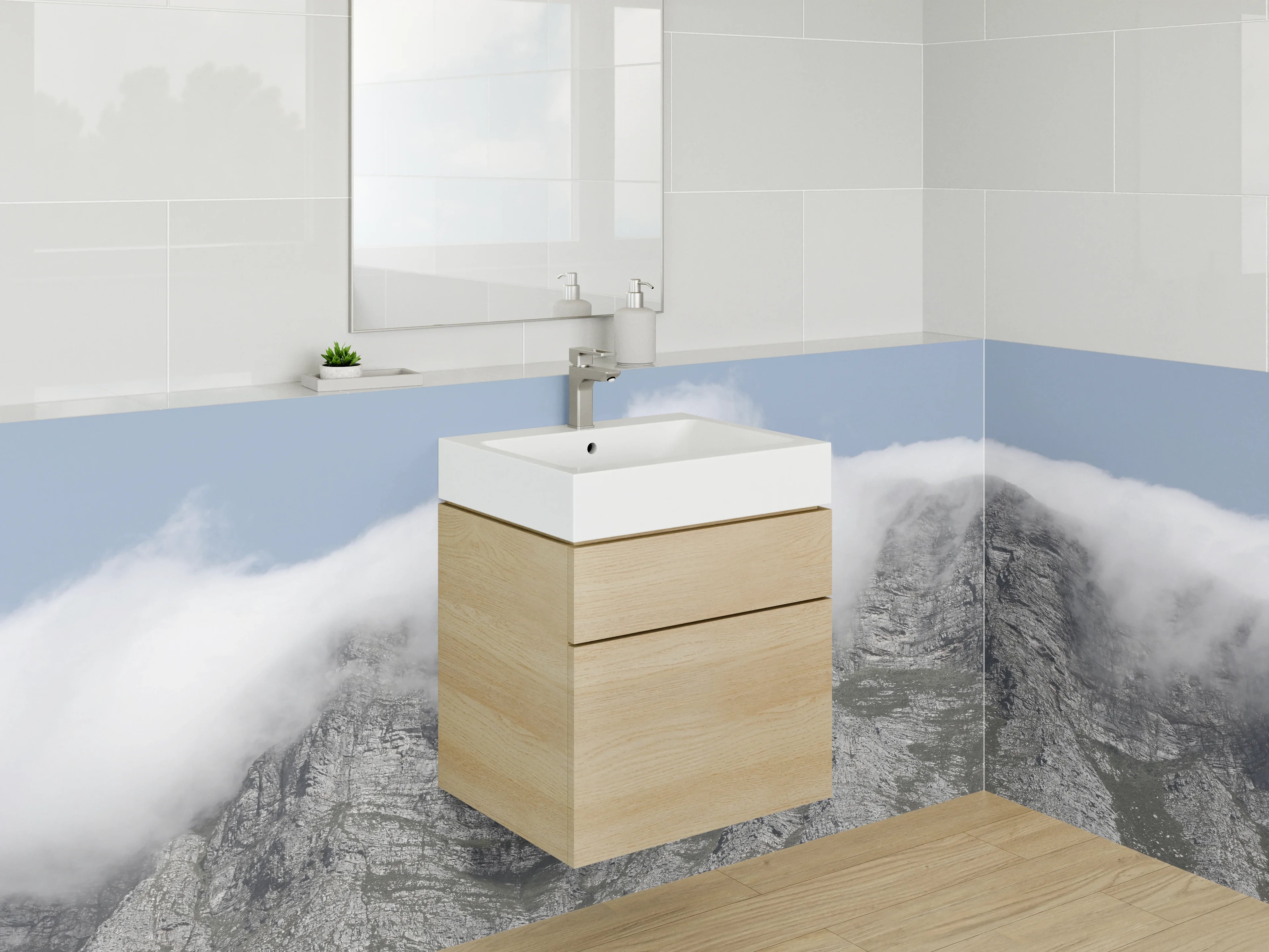 Waschbecken-Rückwand - Berglandschaft mit Wolkendecke
