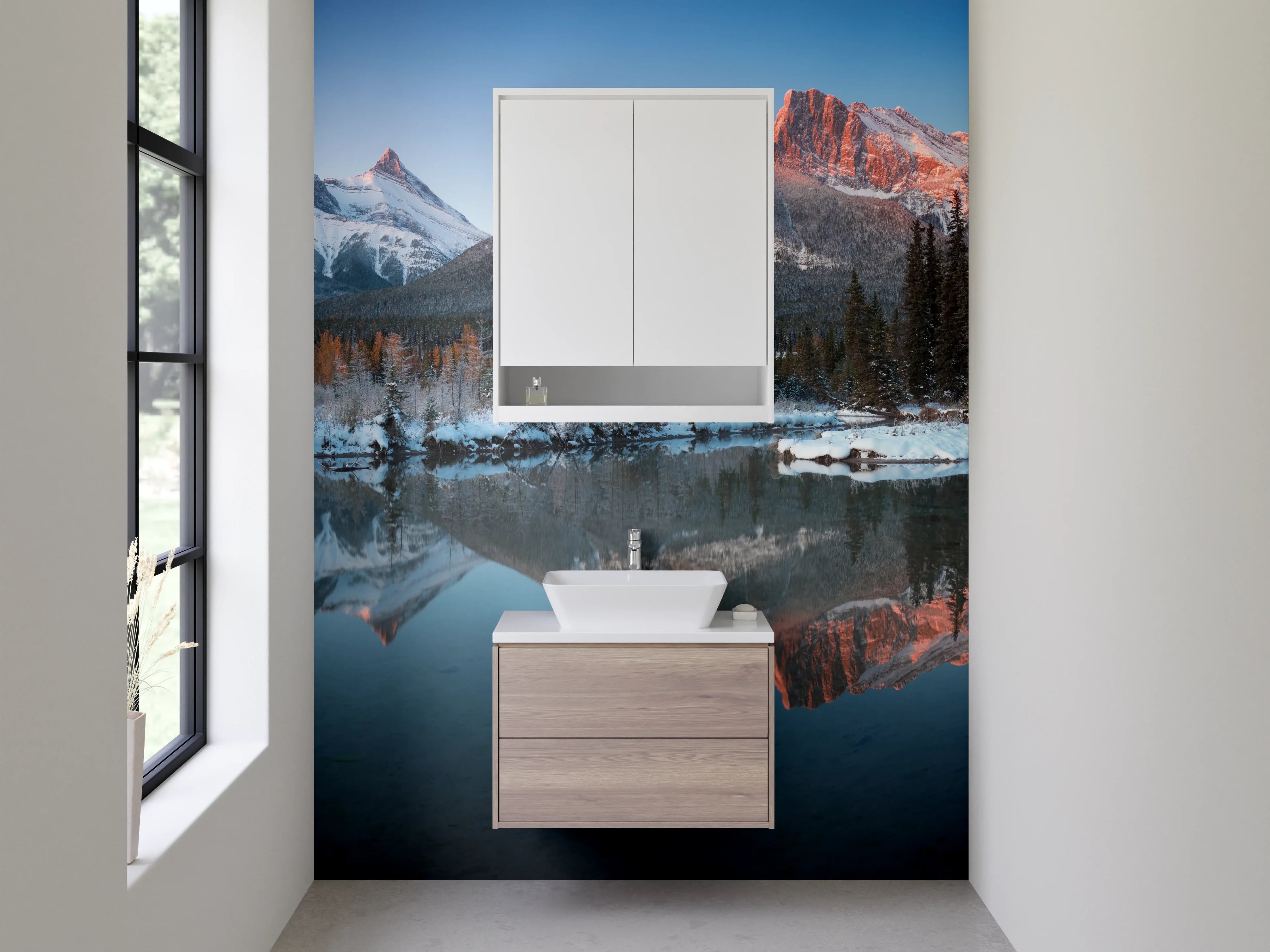 Waschbecken-Rückwand - Bergpanorama am See im Winter