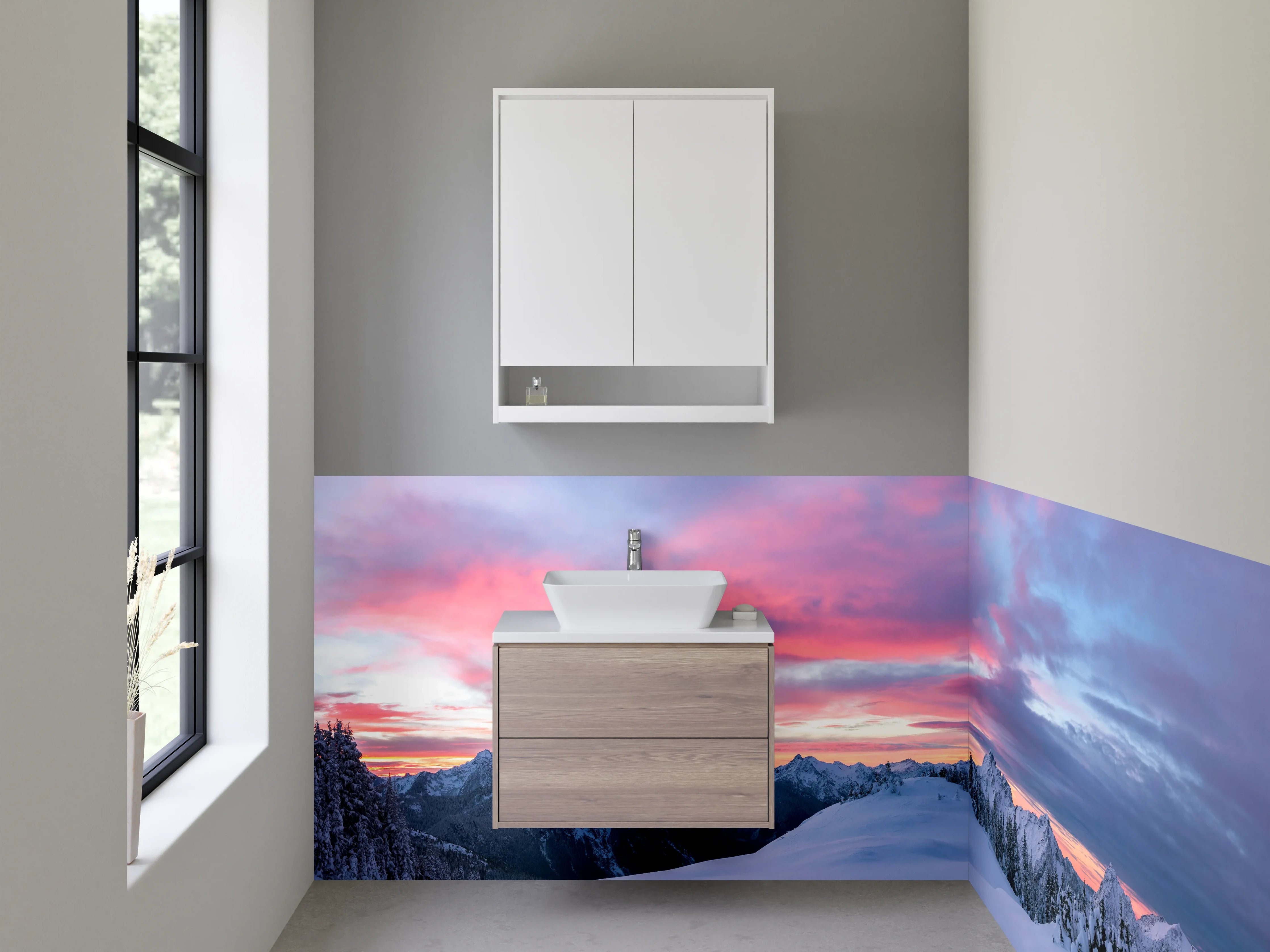 Waschbecken-Rückwand - Bergpanorama im Winter mit Sonnenuntergang