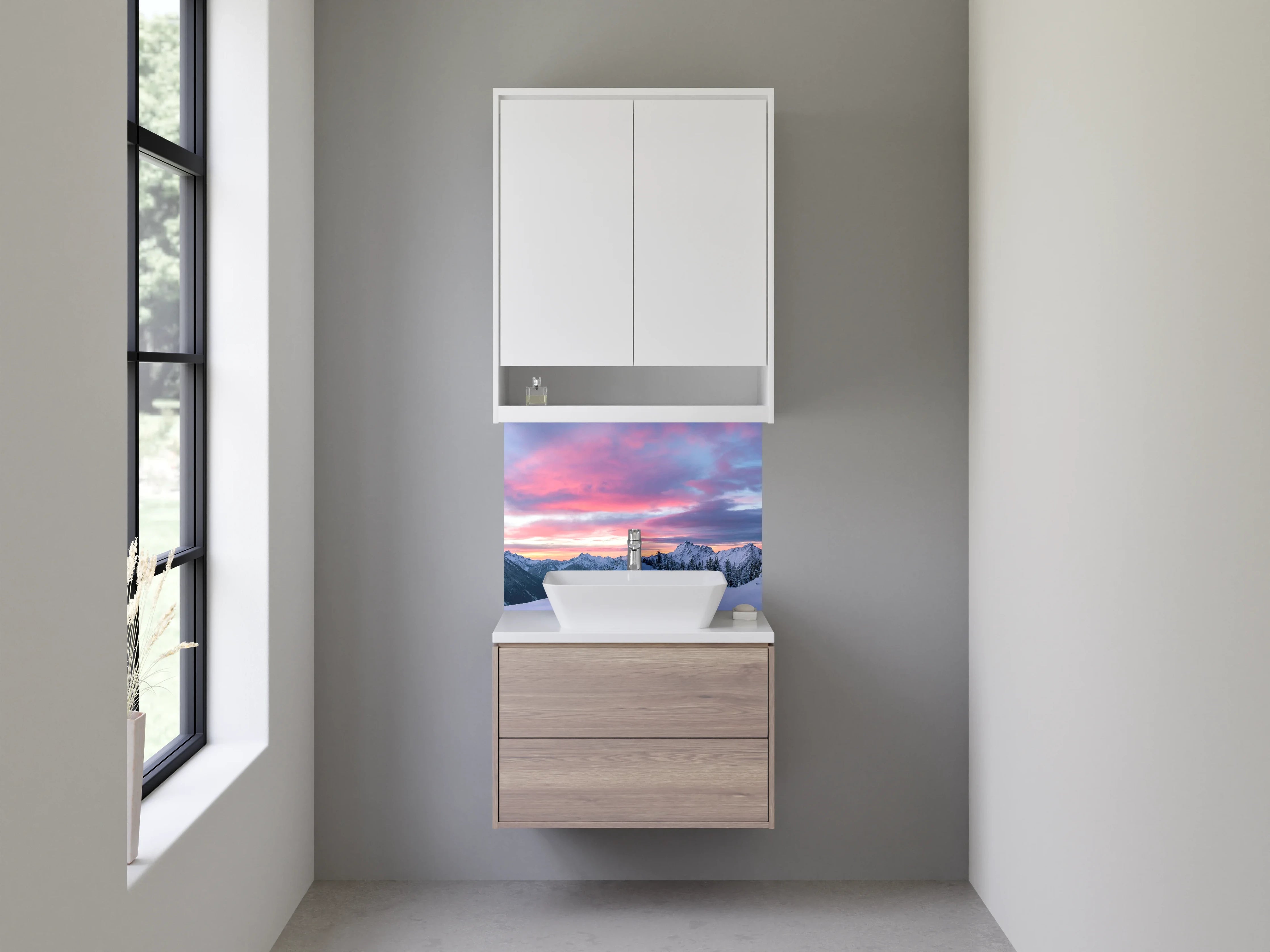 Waschbecken-Rückwand - Bergpanorama im Winter mit Sonnenuntergang