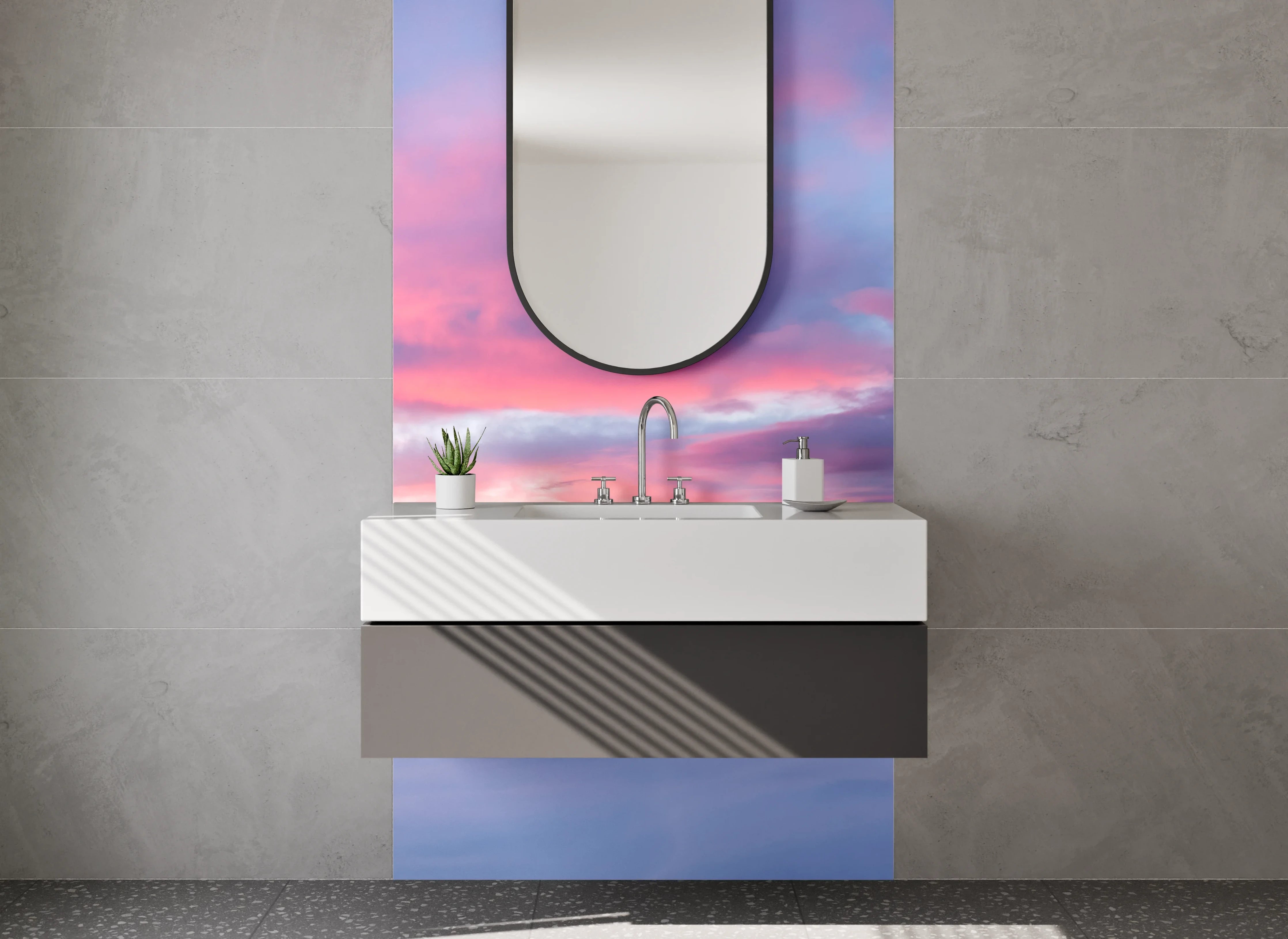 Waschbecken-Rückwand - Bergpanorama im Winter mit Sonnenuntergang