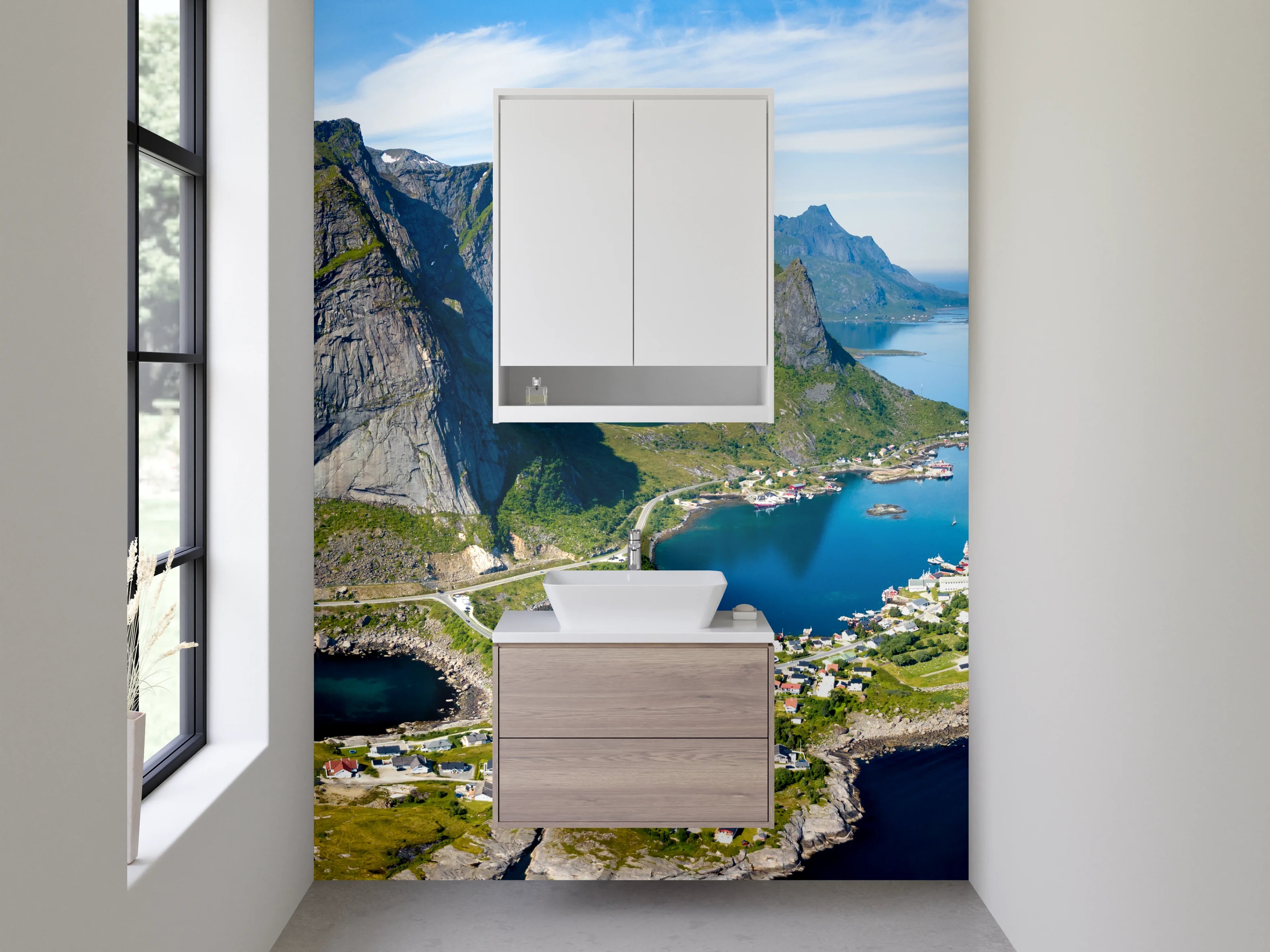 Waschbecken-Rückwand - Bergpanorama mit Fjord und Dörfern