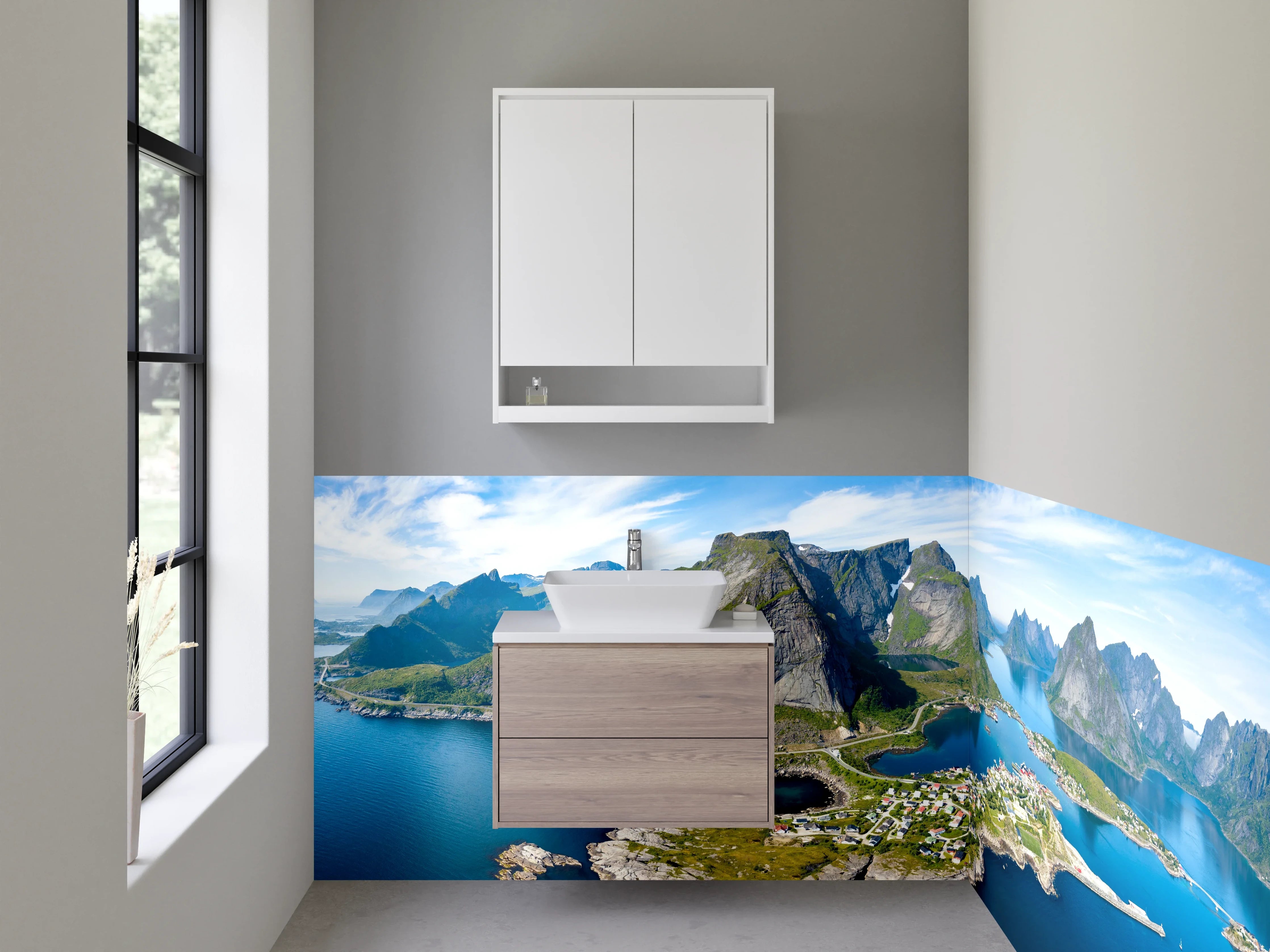 Waschbecken-Rückwand - Bergpanorama mit Fjord und Dörfern