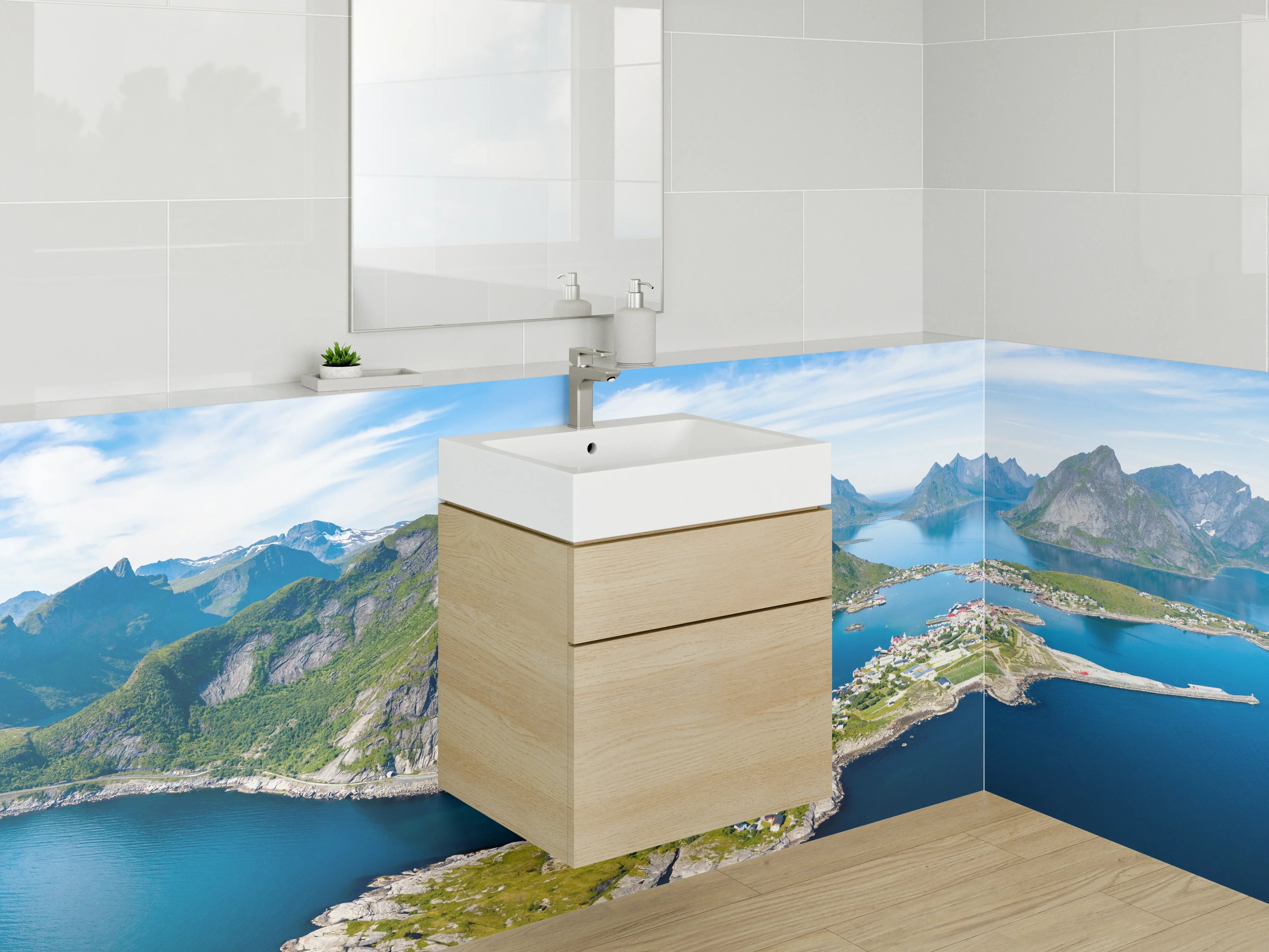 Waschbecken-Rückwand - Bergpanorama mit Fjord und Dörfern