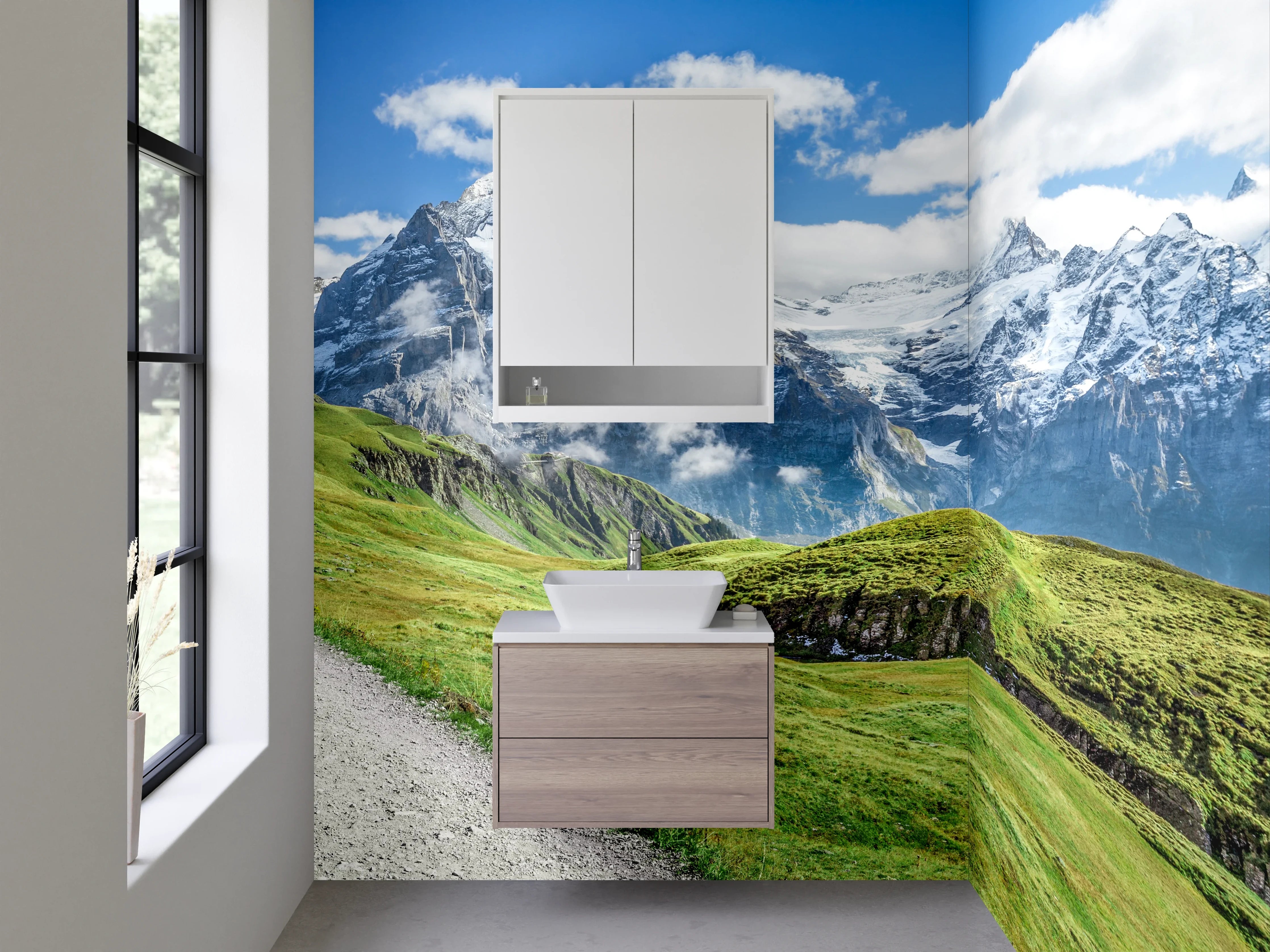 Waschbecken-Rückwand - Bergpanorama mit grünen Wiesen und Schnee-Gipfeln