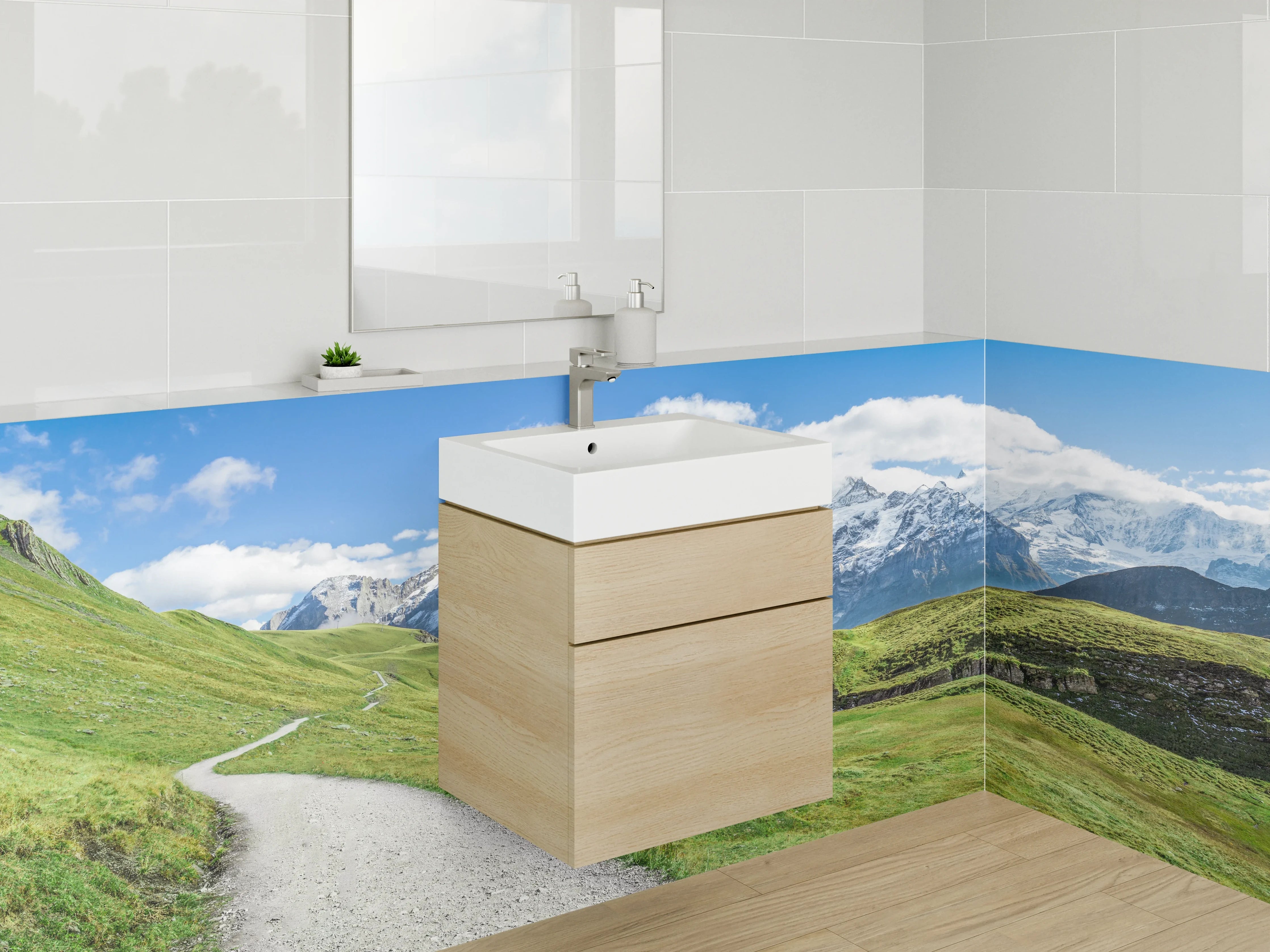 Waschbecken-Rückwand - Bergpanorama mit grünen Wiesen und Schnee-Gipfeln