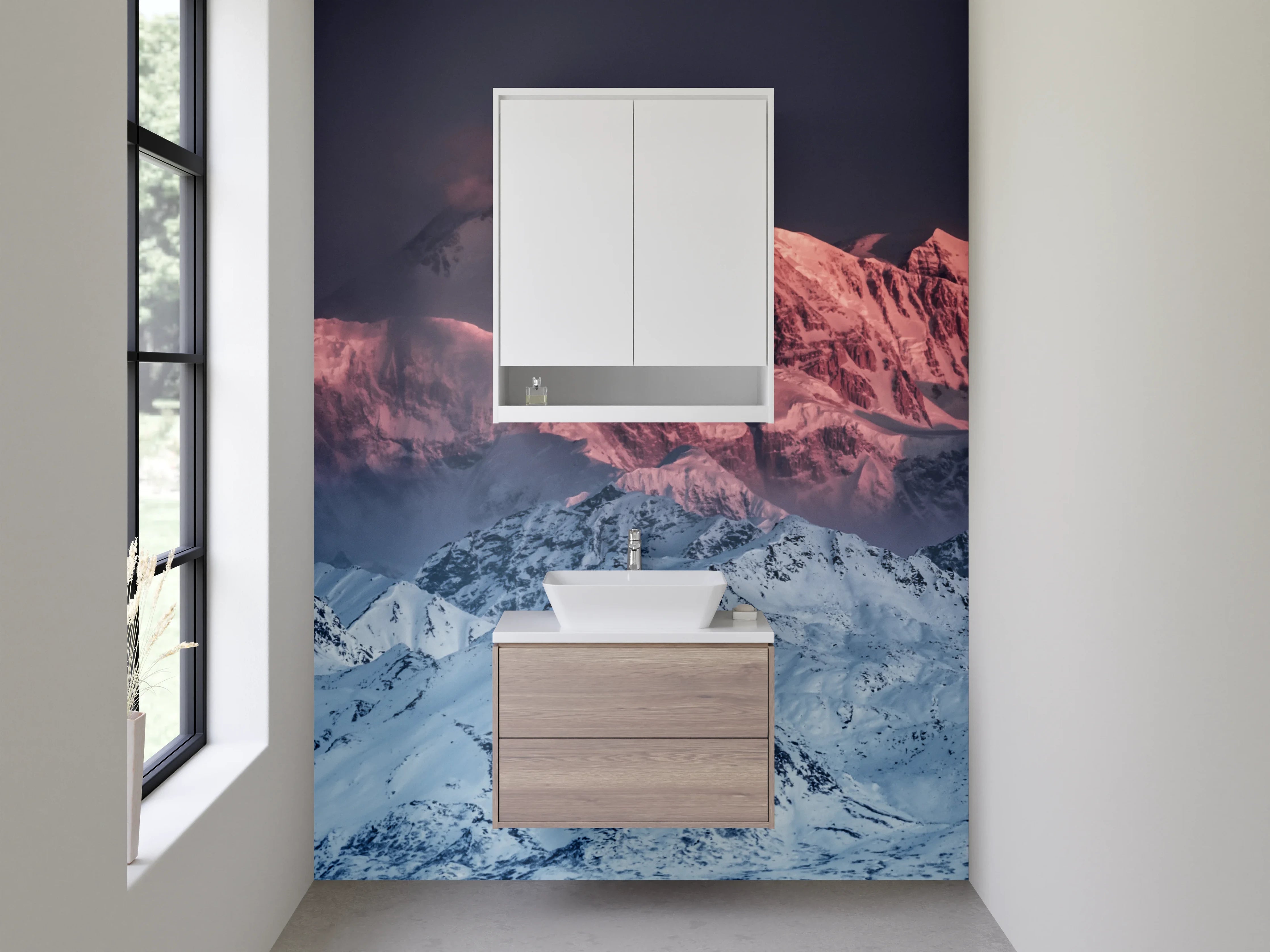 Waschbecken-Rückwand - Bergpfad im Schnee bei Sonnenuntergang