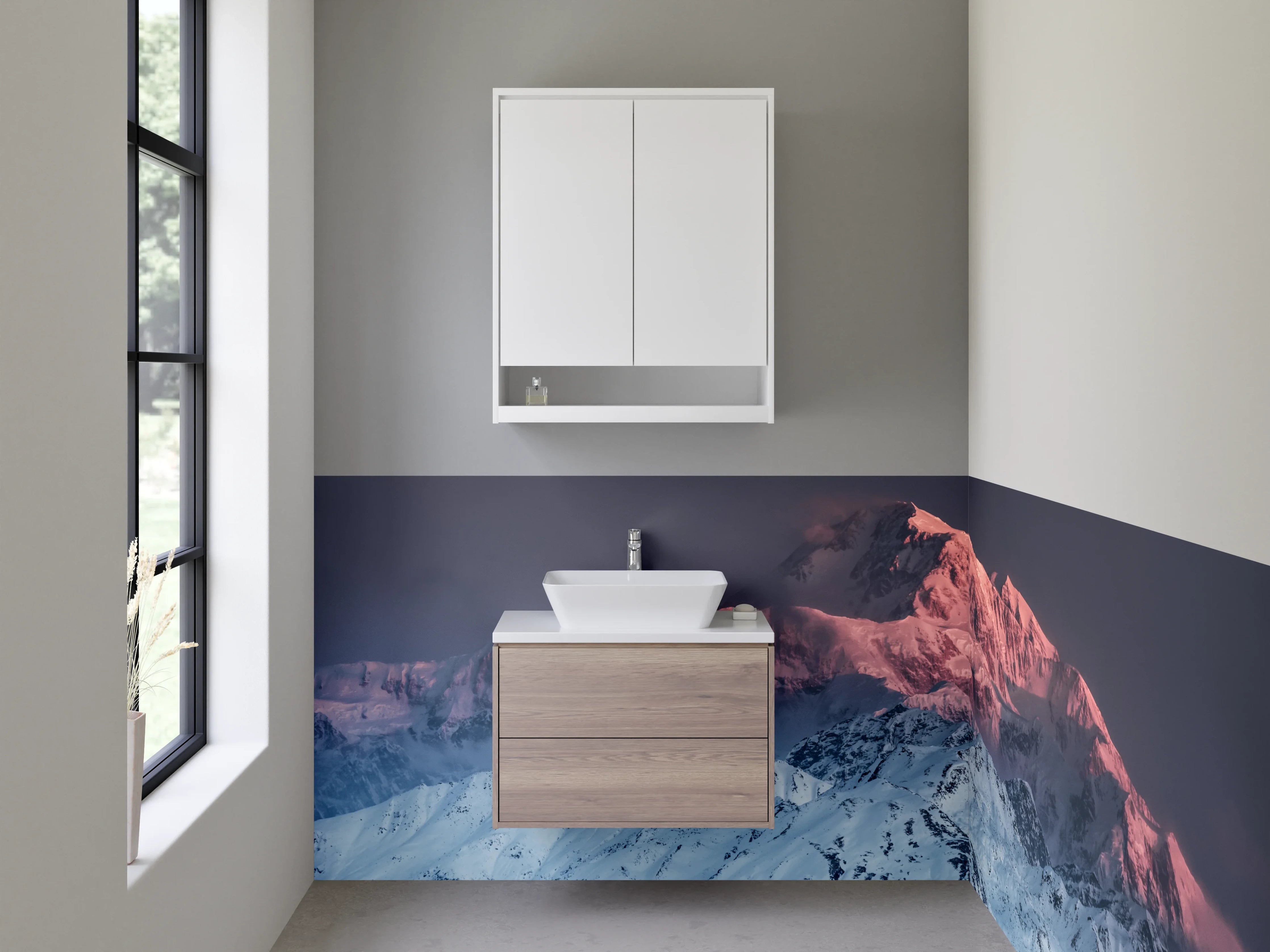 Waschbecken-Rückwand - Bergpfad im Schnee bei Sonnenuntergang