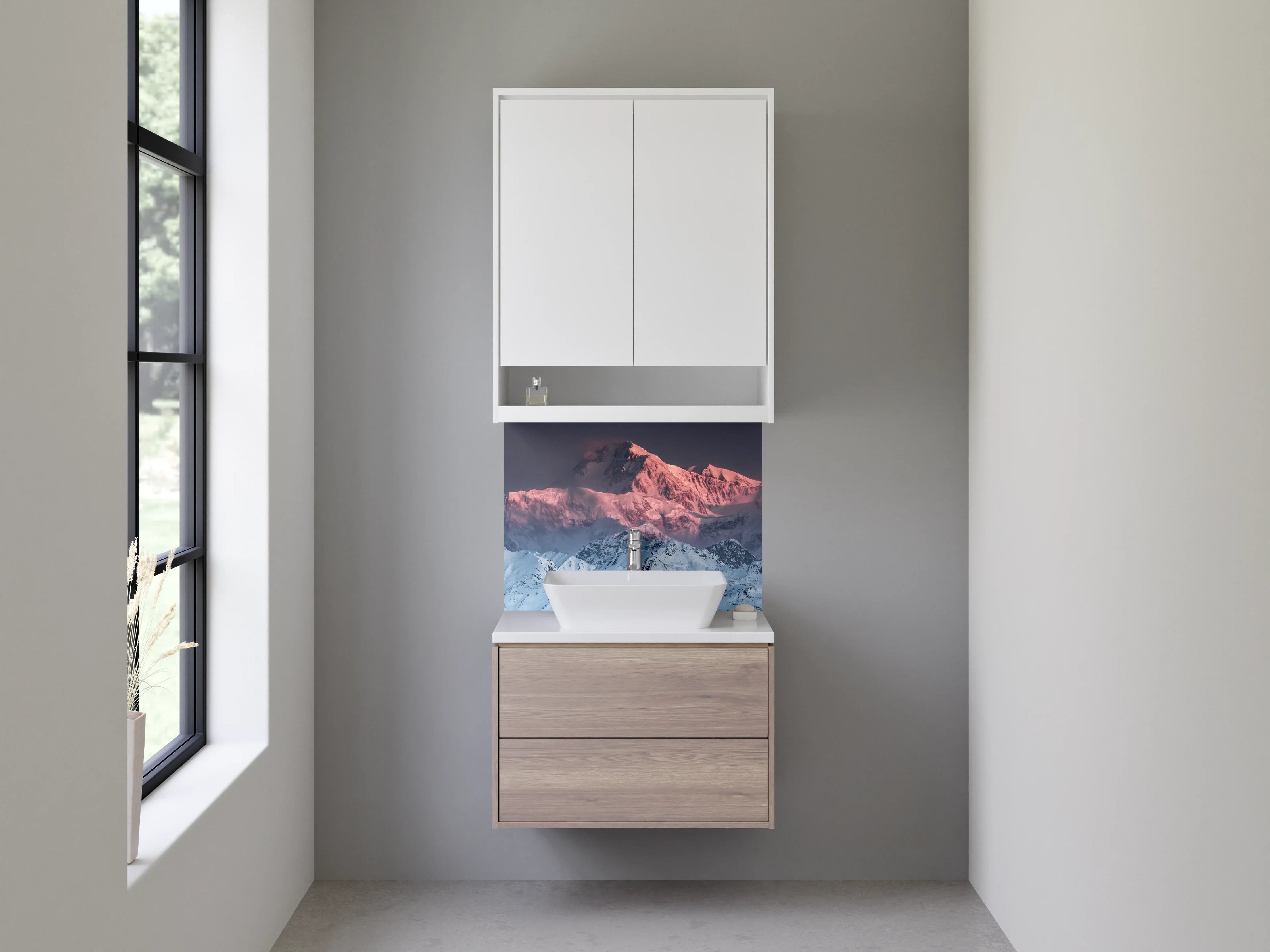 Waschbecken-Rückwand - Bergpfad im Schnee bei Sonnenuntergang