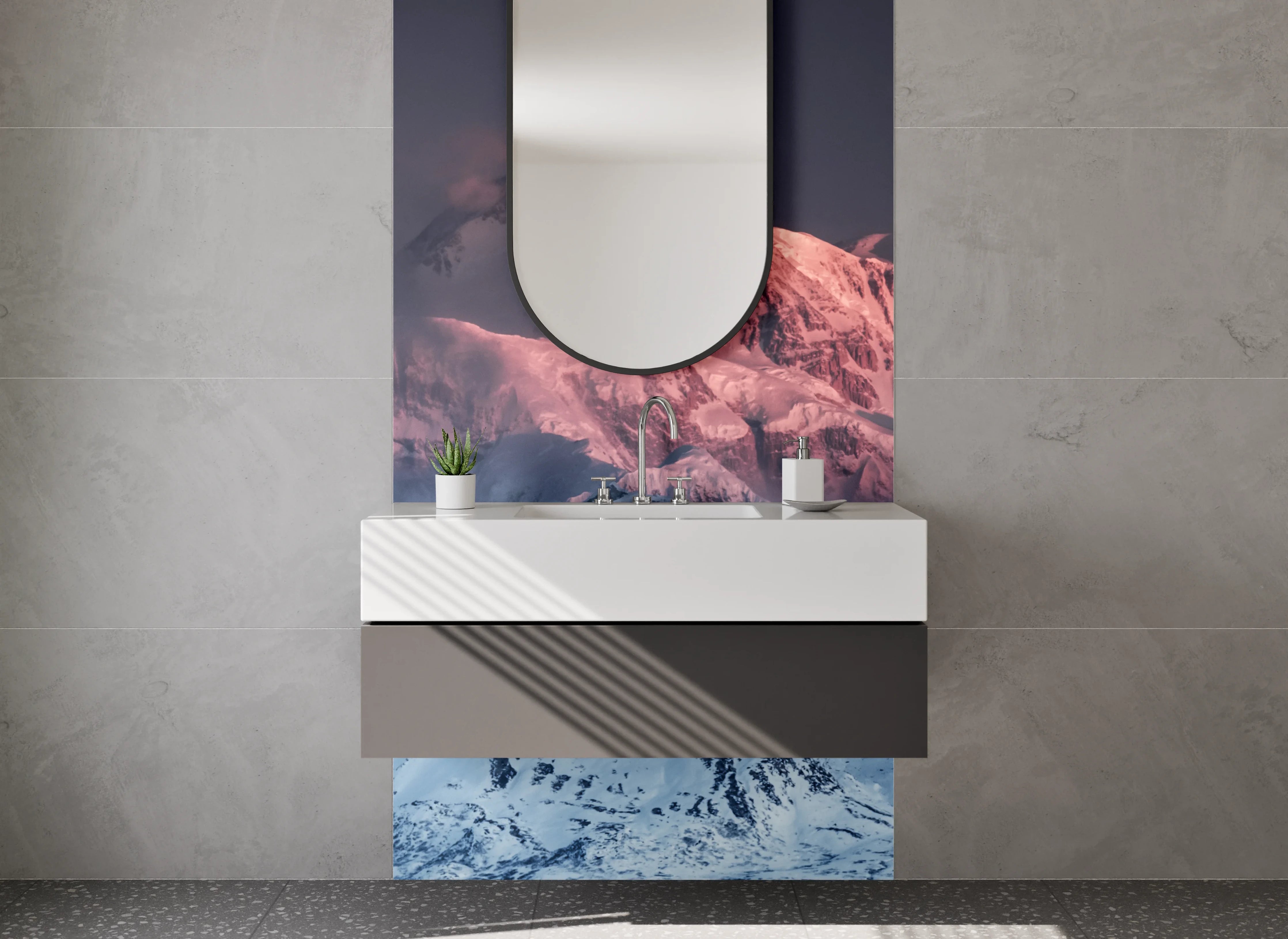 Waschbecken-Rückwand - Bergpfad im Schnee bei Sonnenuntergang