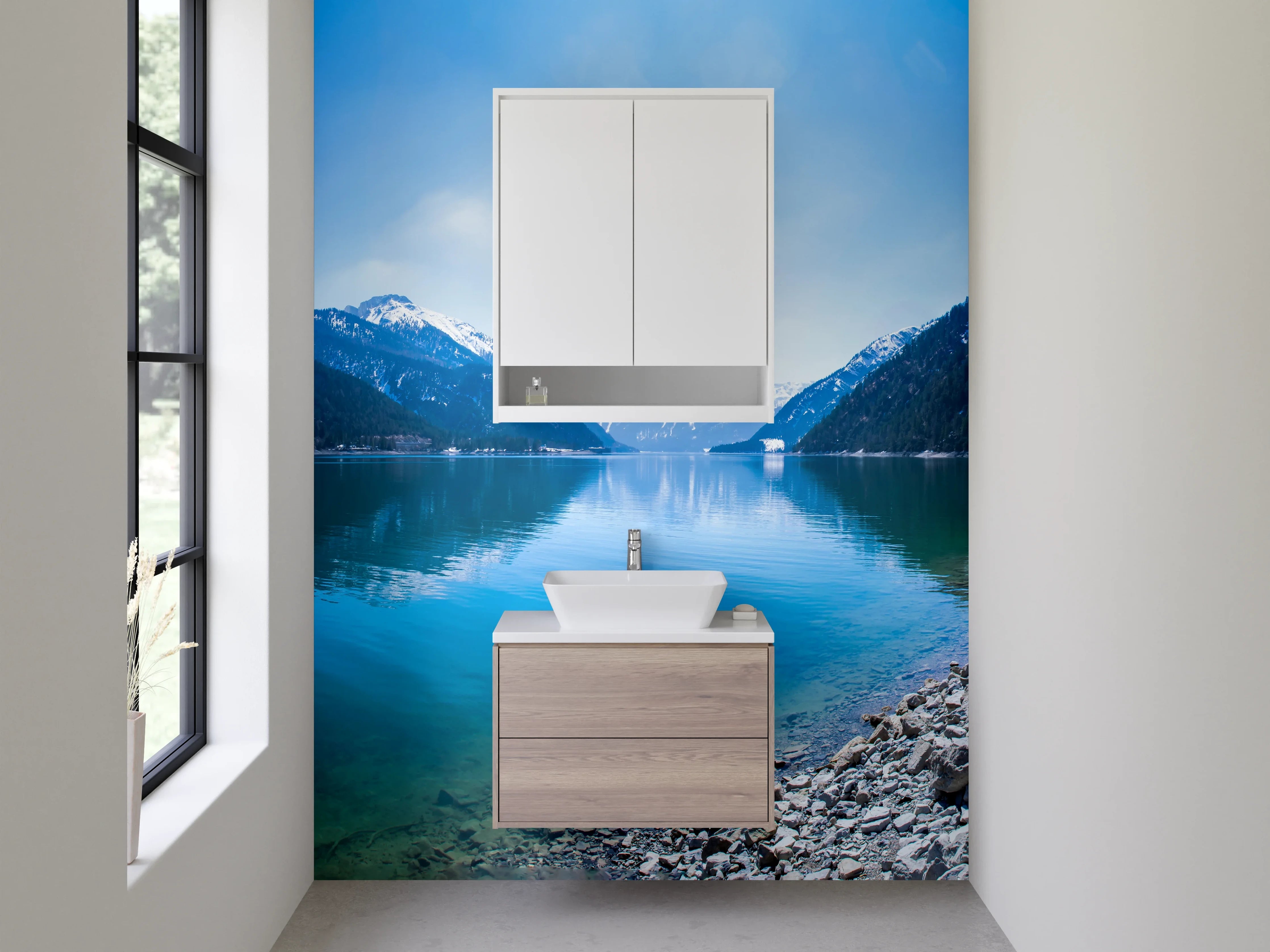 Waschbecken-Rückwand - Bergsee Panorama Natur Fototapete