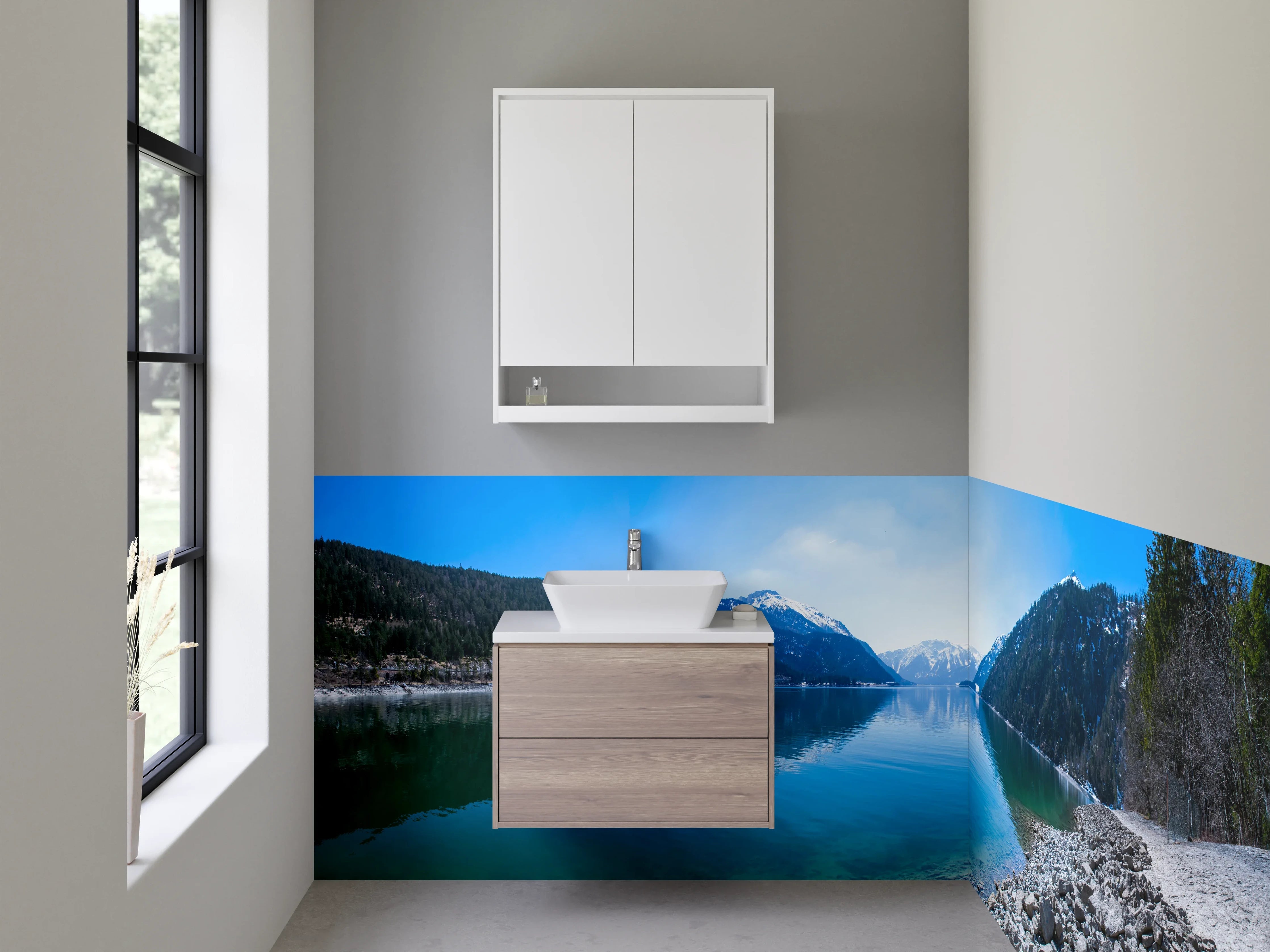 Waschbecken-Rückwand - Bergsee Panorama Natur Fototapete