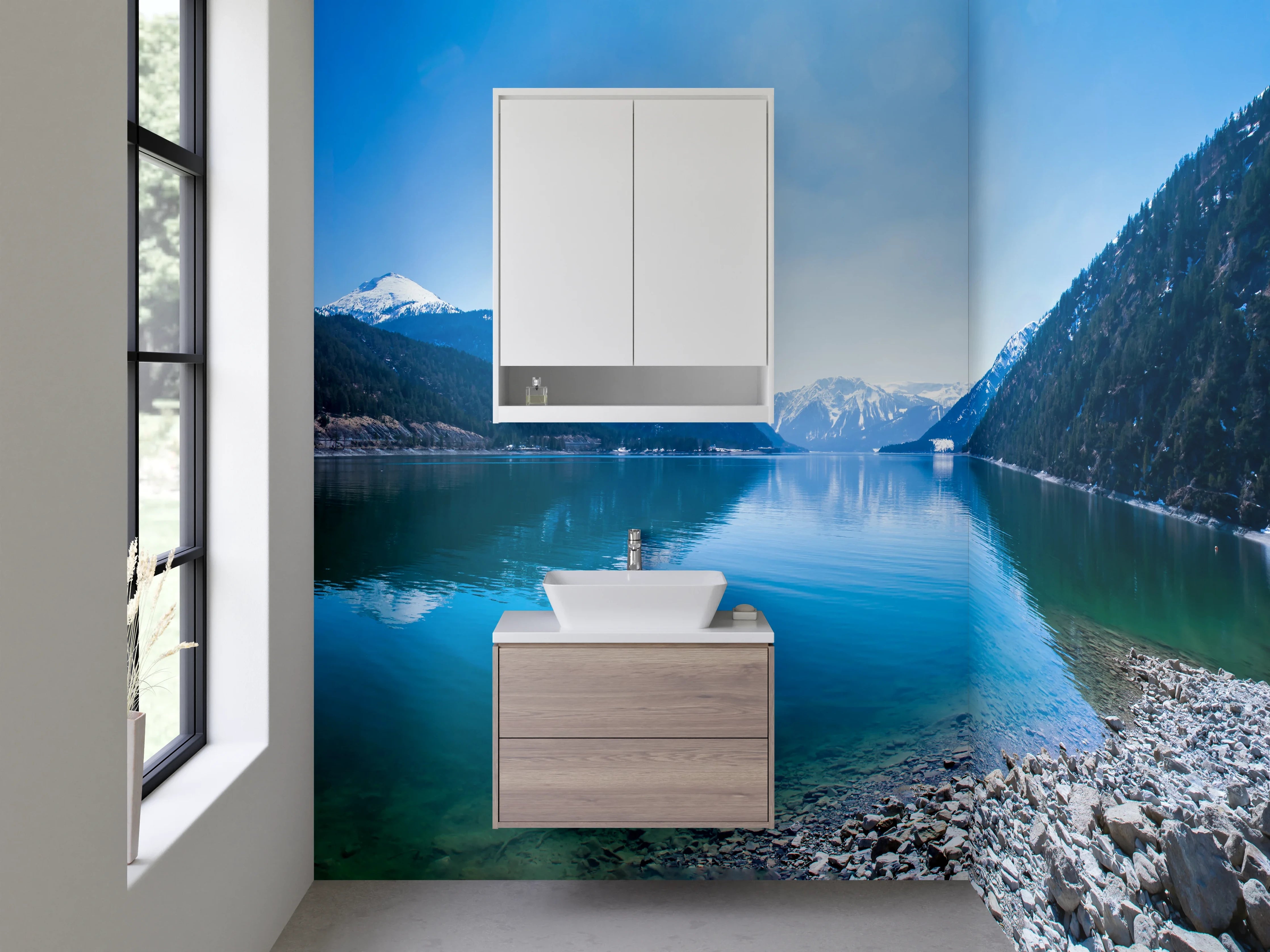 Waschbecken-Rückwand - Bergsee Panorama Natur Fototapete