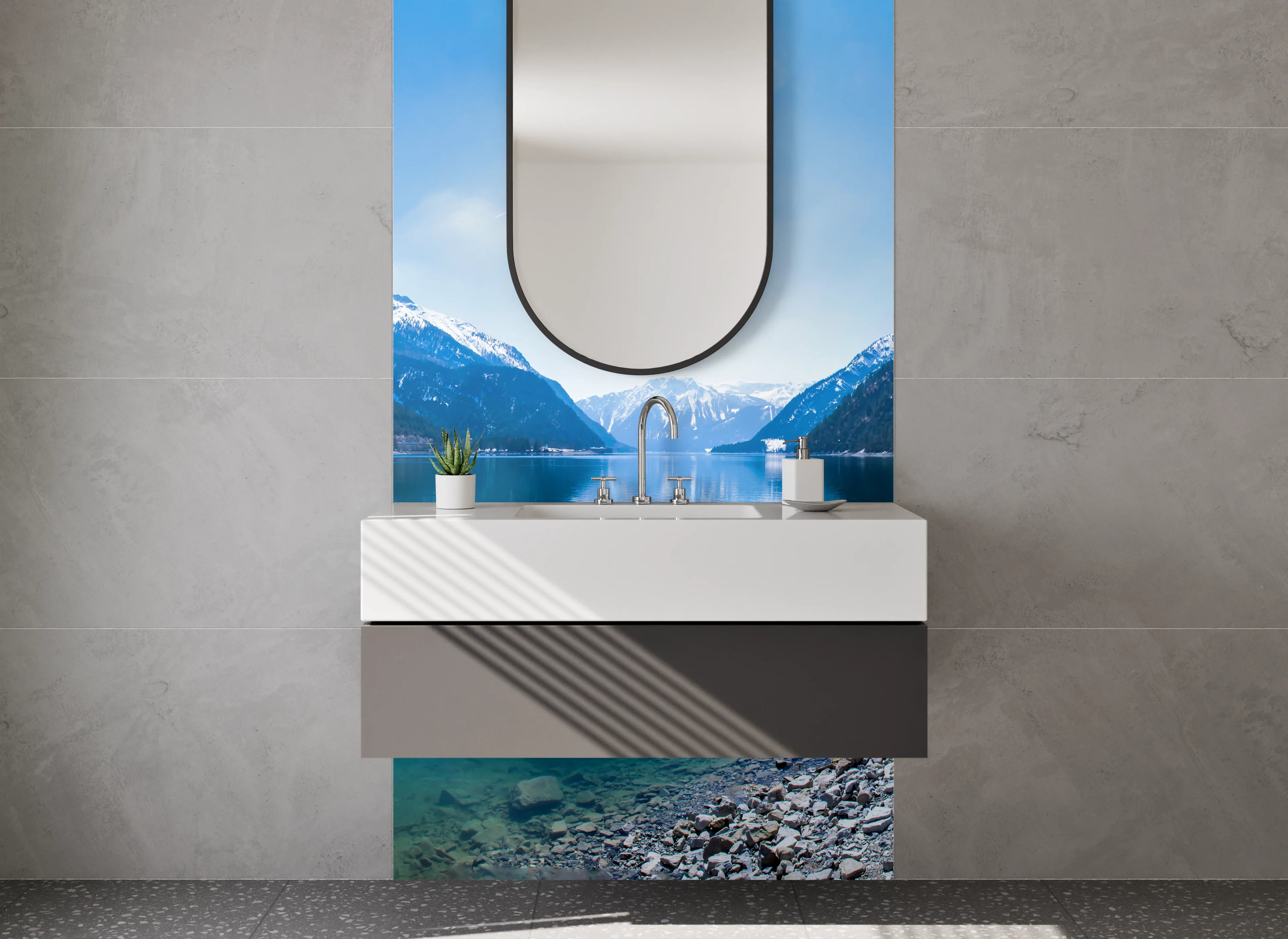 Waschbecken-Rückwand - Bergsee Panorama Natur Fototapete
