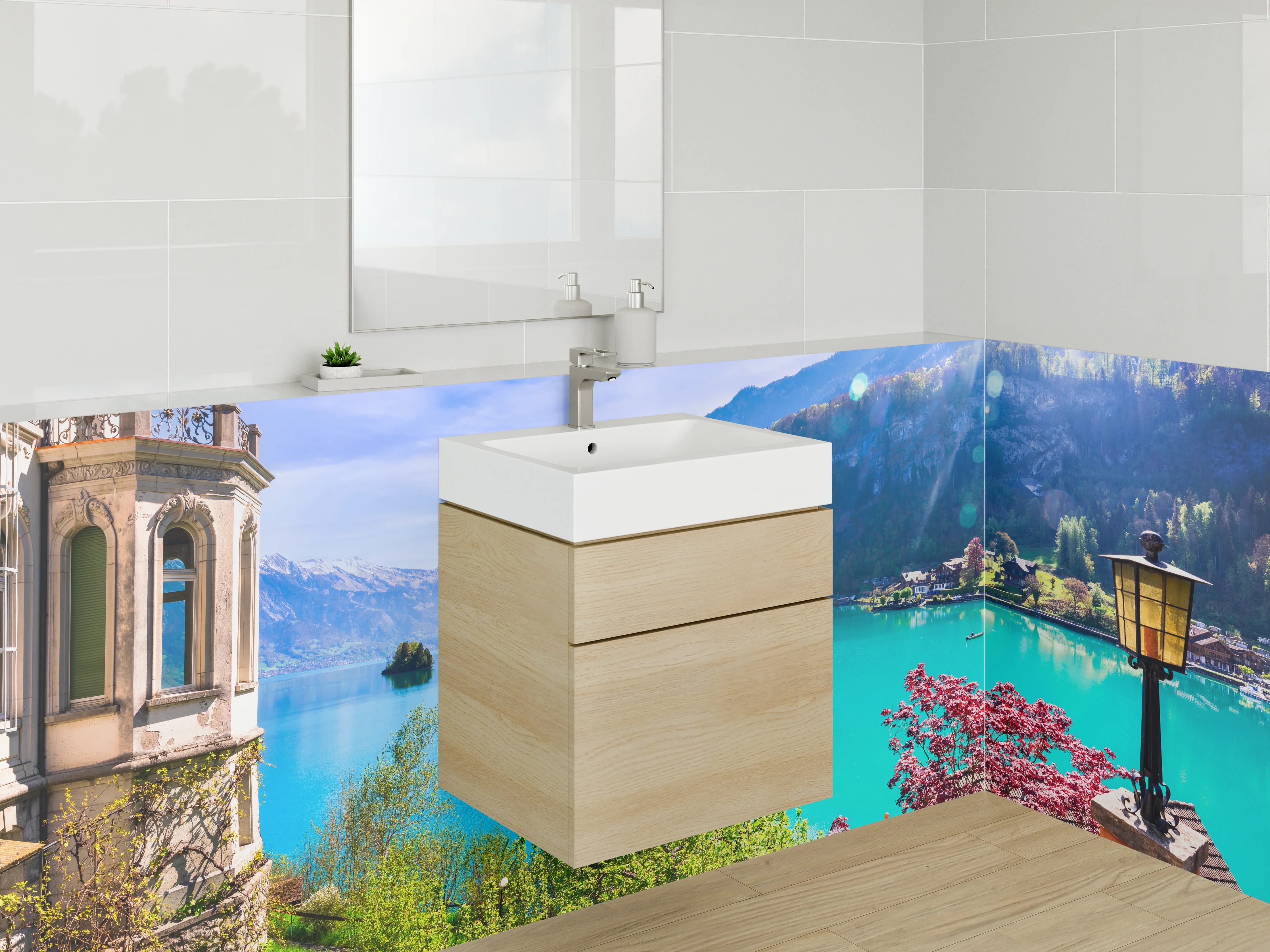 Waschbecken-Rückwand - Bergsee Panorama Schweiz