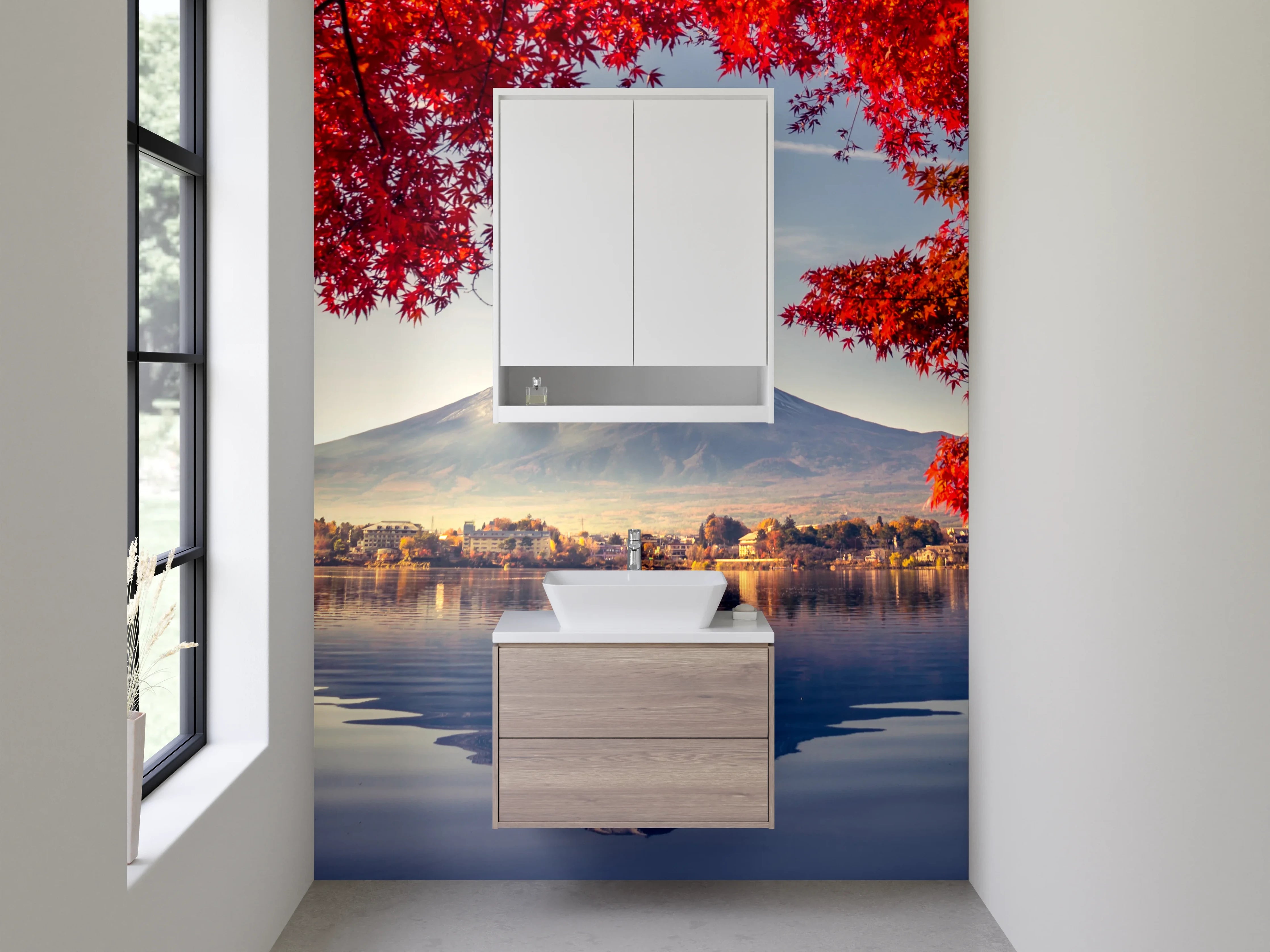 Waschbecken-Rückwand - Bergsee im Herbst mit rotem Laub