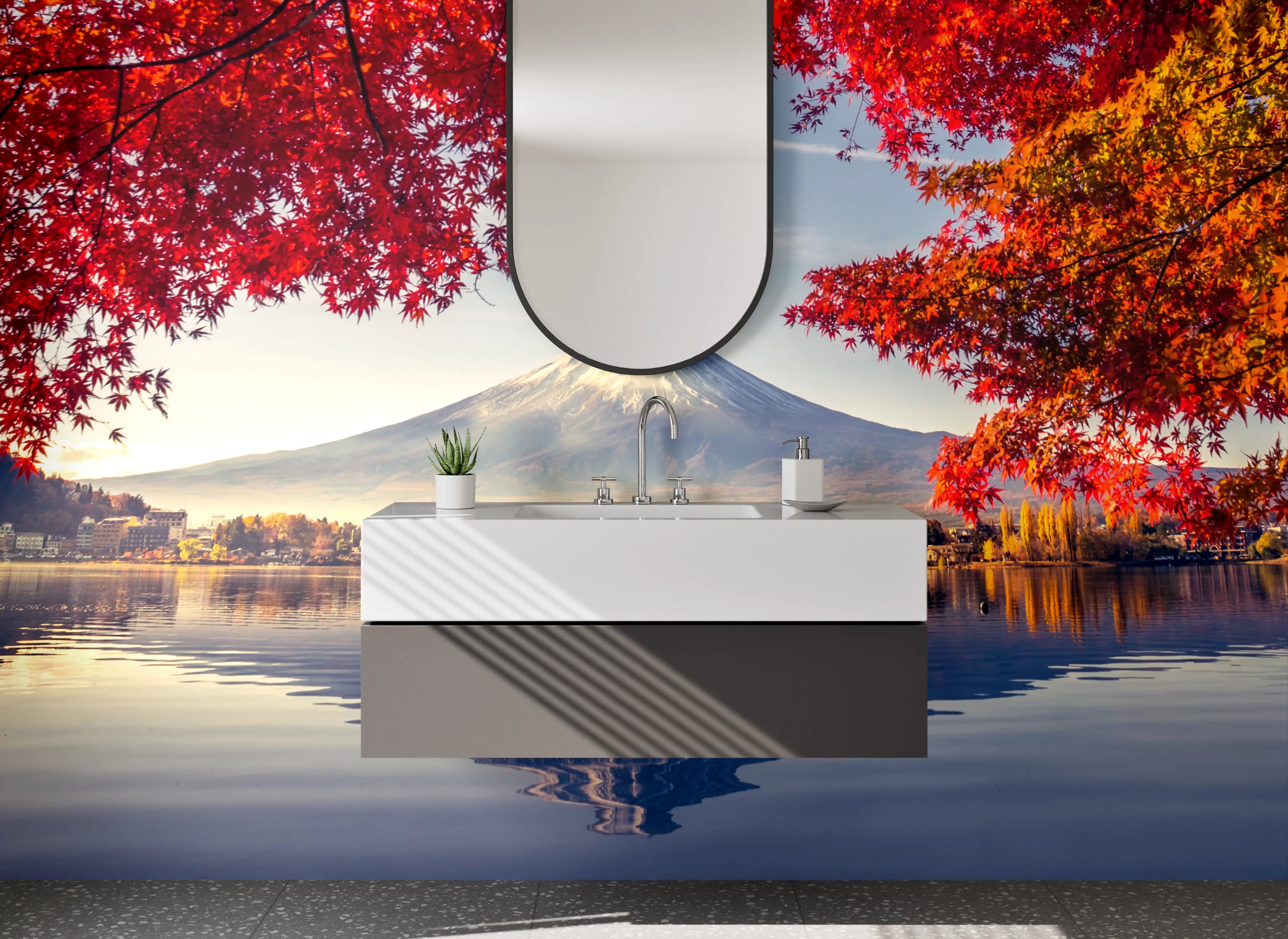Waschbecken-Rückwand - Bergsee im Herbst mit rotem Laub
