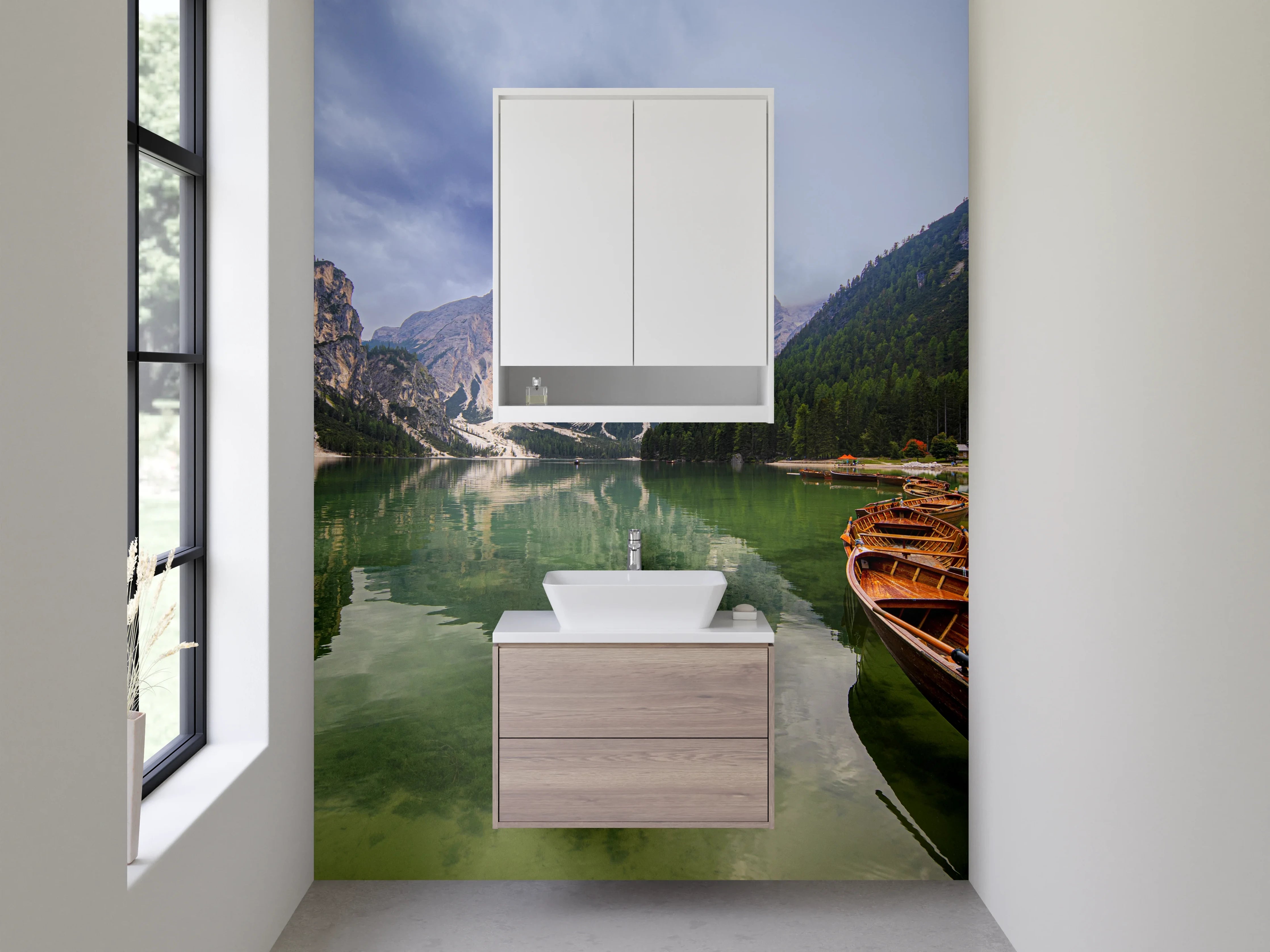 Waschbecken-Rückwand - Bergsee mit Booten und Bergen im Hintergrund