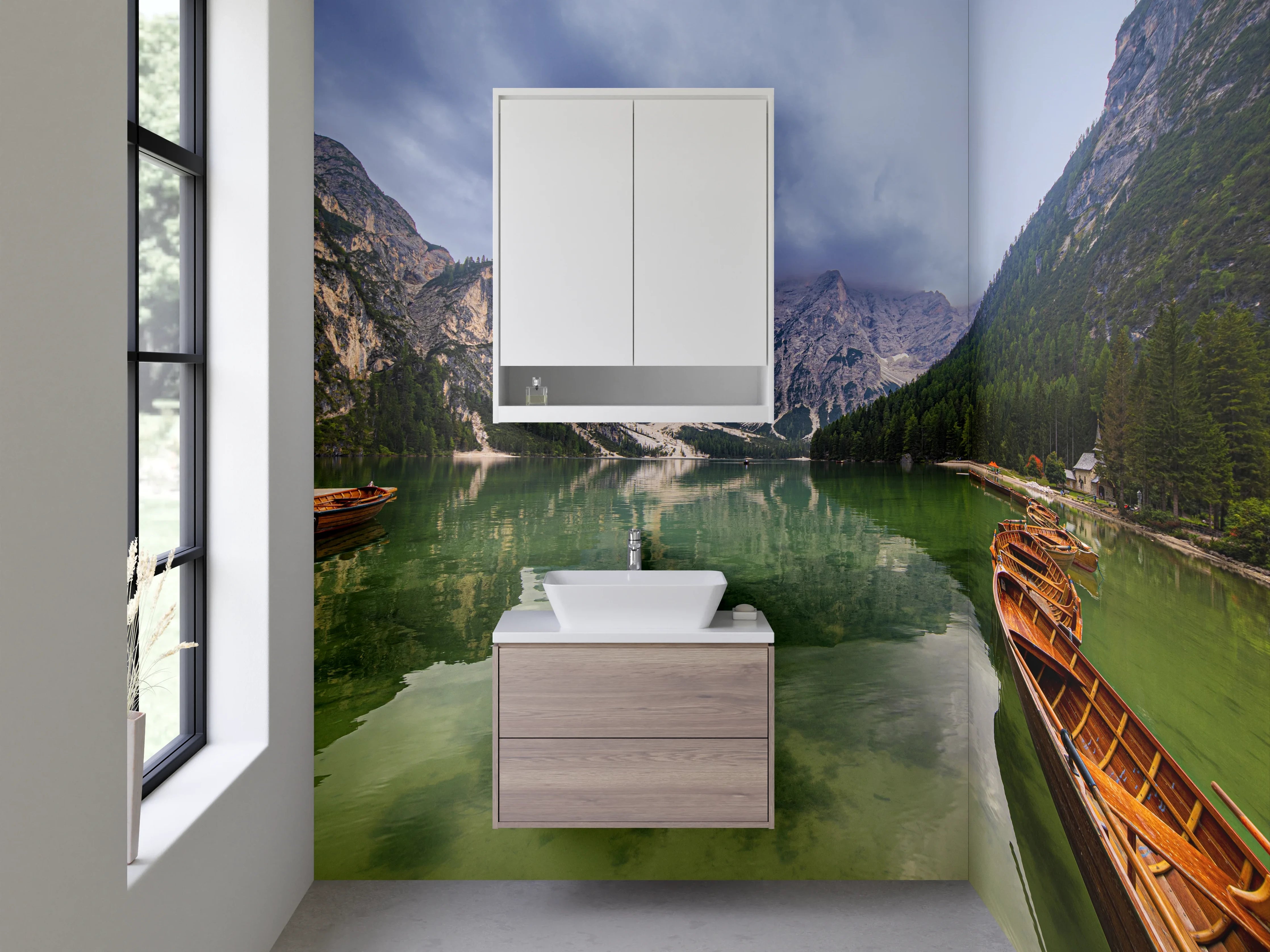Waschbecken-Rückwand - Bergsee mit Booten und Bergen im Hintergrund