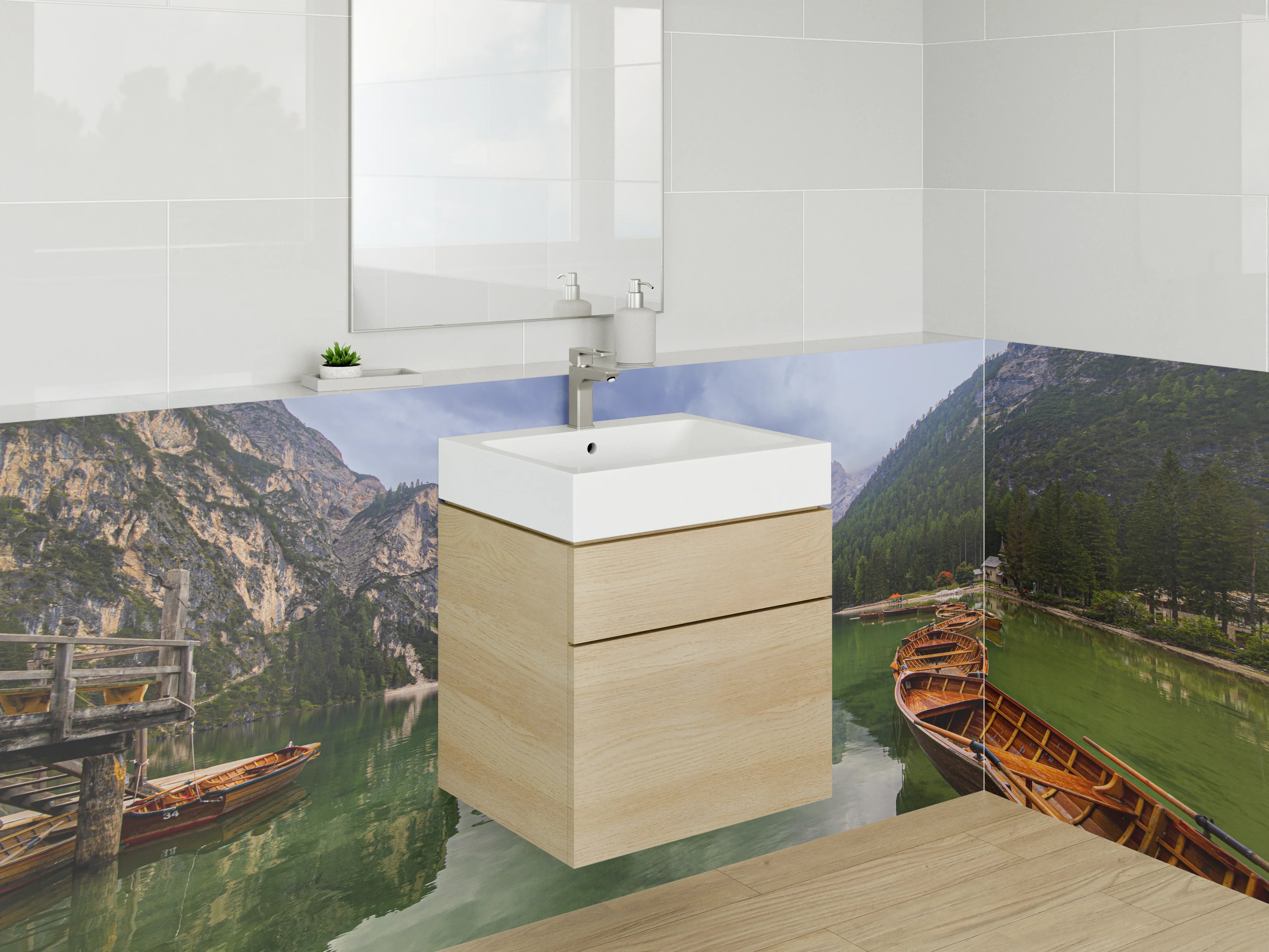 Waschbecken-Rückwand - Bergsee mit Booten und Bergen im Hintergrund