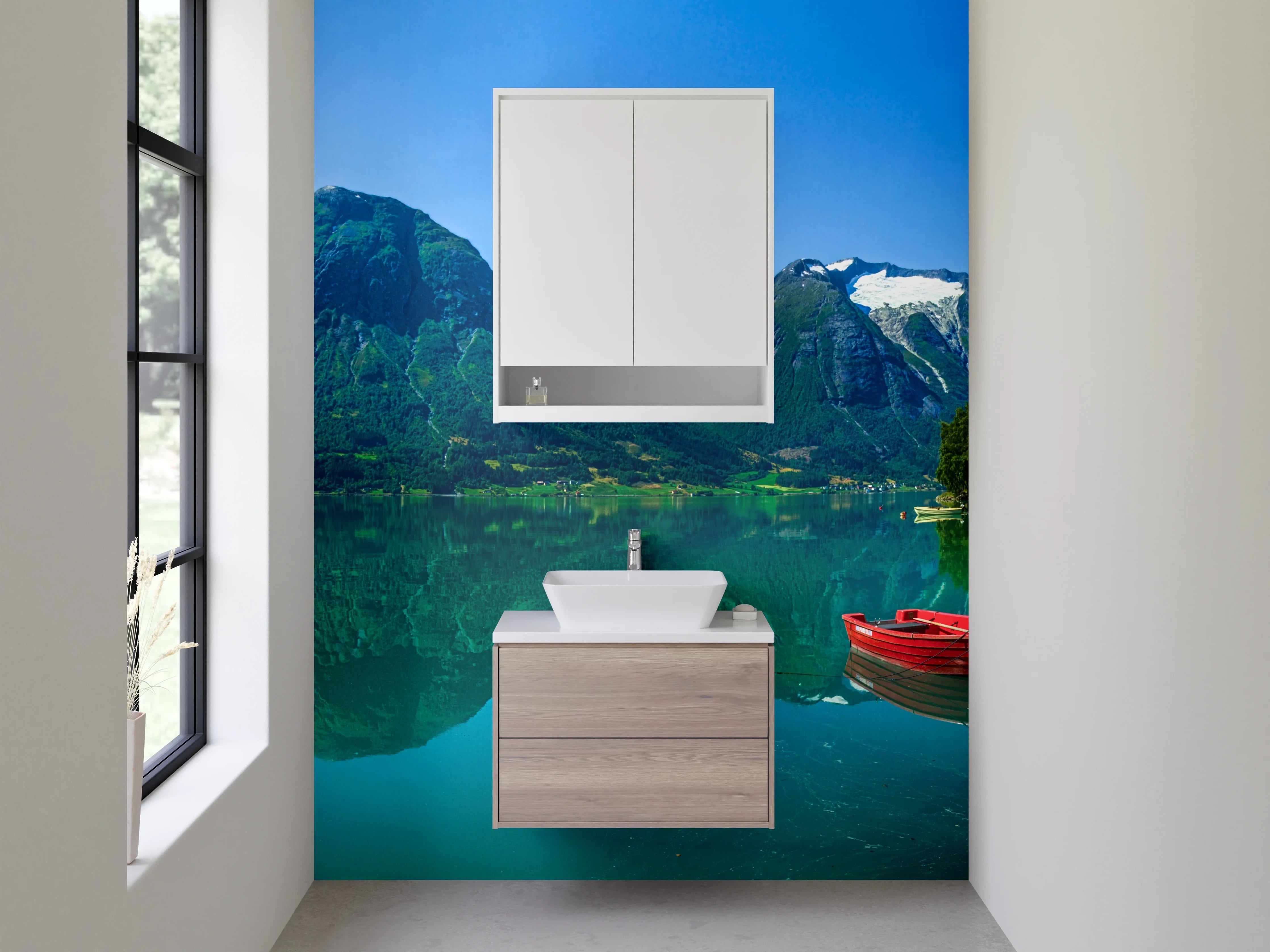 Waschbecken-Rückwand - Bergsee mit Haus und Booten in Norwegen