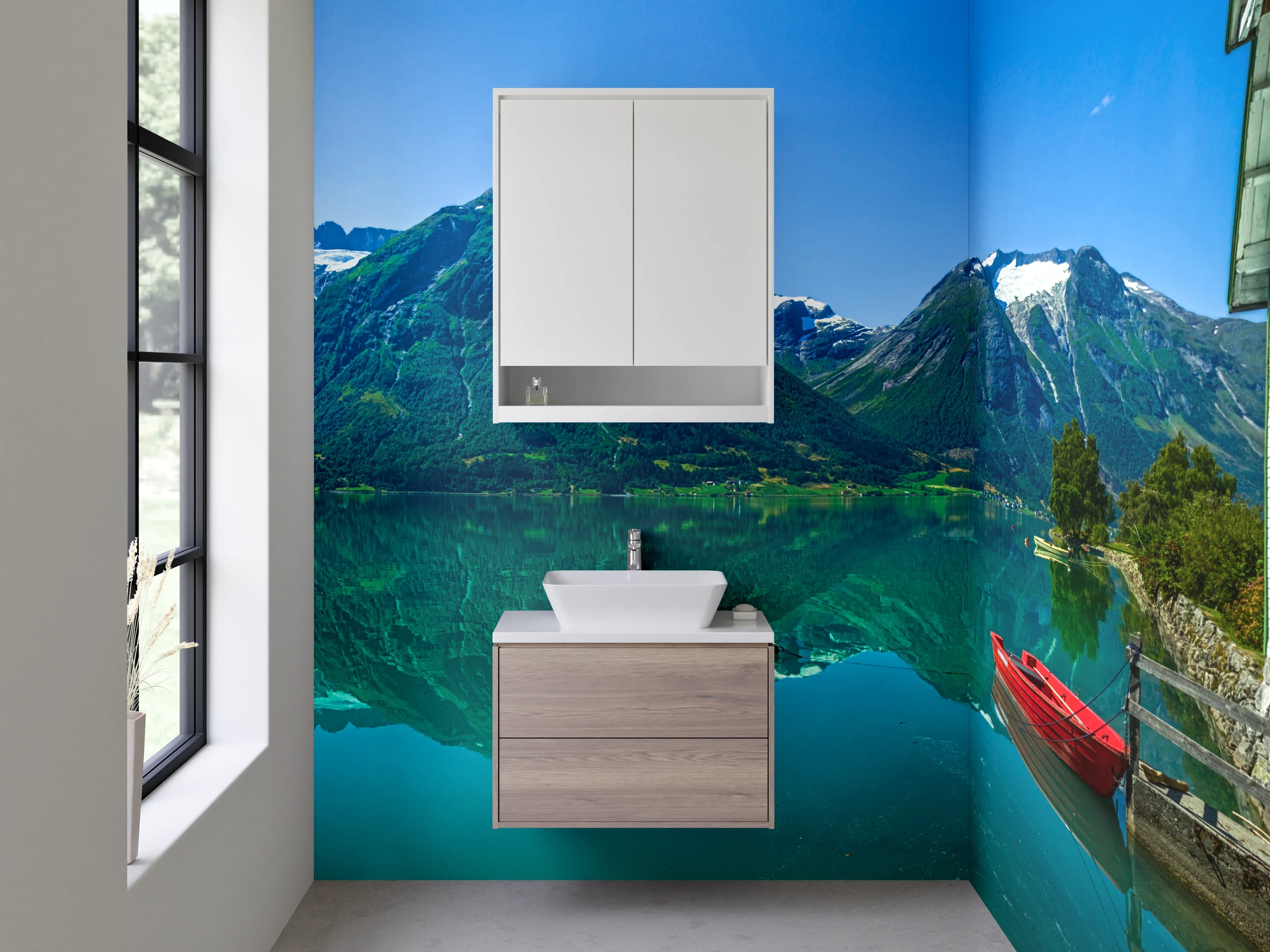 Waschbecken-Rückwand - Bergsee mit Haus und Booten in Norwegen