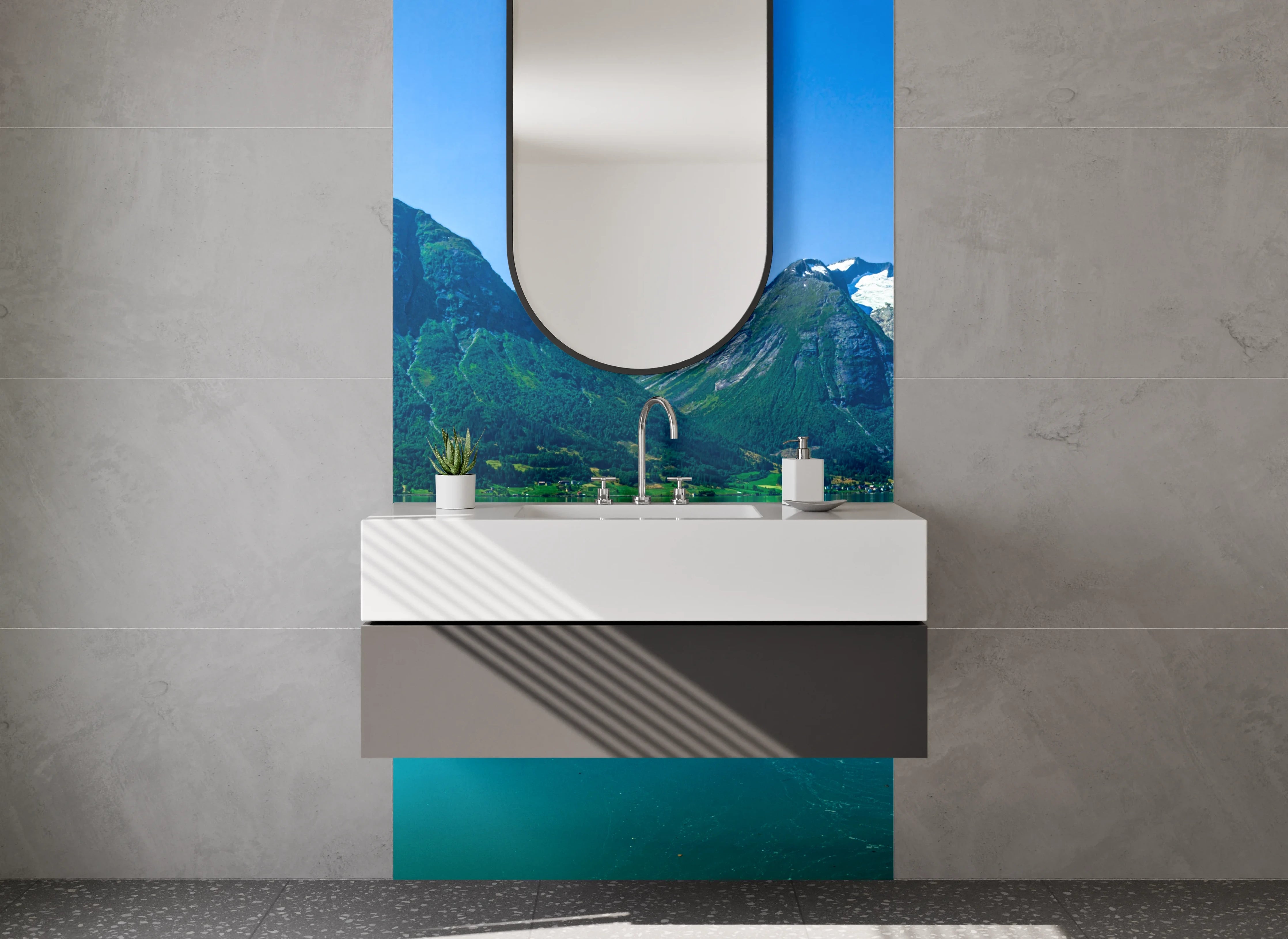 Waschbecken-Rückwand - Bergsee mit Haus und Booten in Norwegen